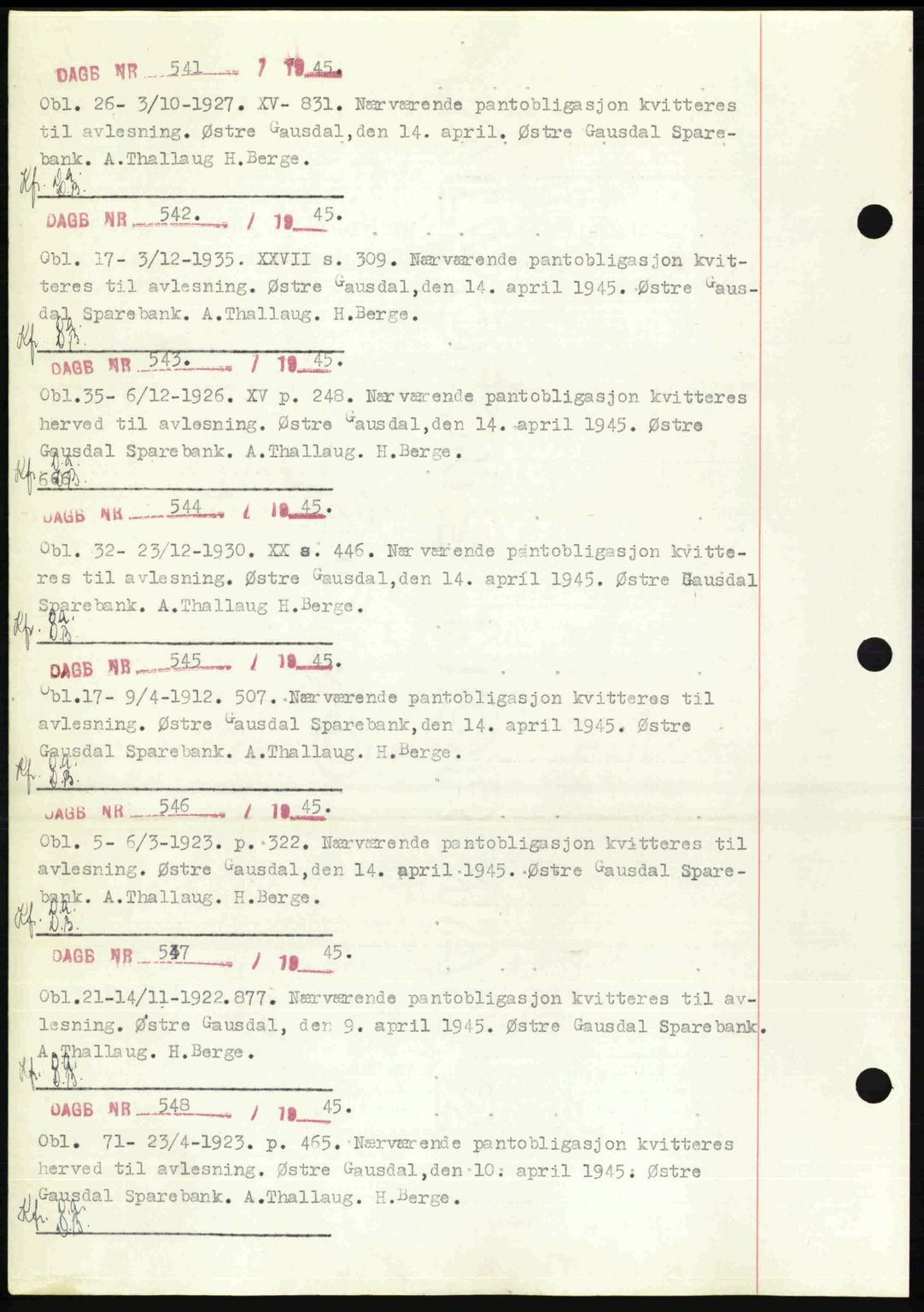 Sør-Gudbrandsdal tingrett, SAH/TING-004/H/Hb/Hbf/L0002: Mortgage book no. C1, 1938-1951, Diary no: : 541/1945
