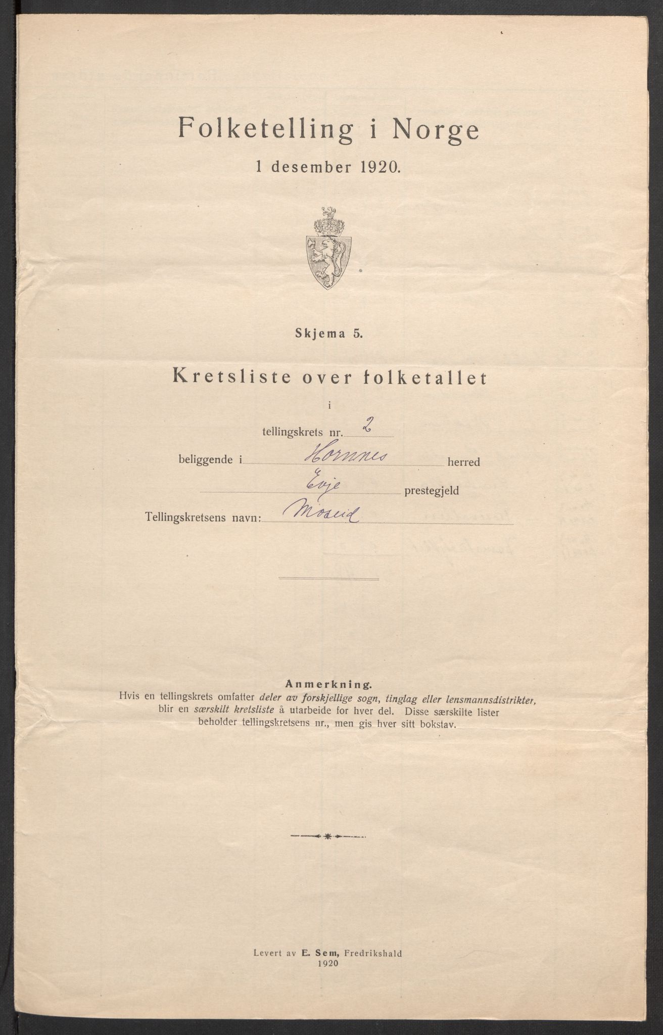 SAK, 1920 census for Hornnes, 1920, p. 14