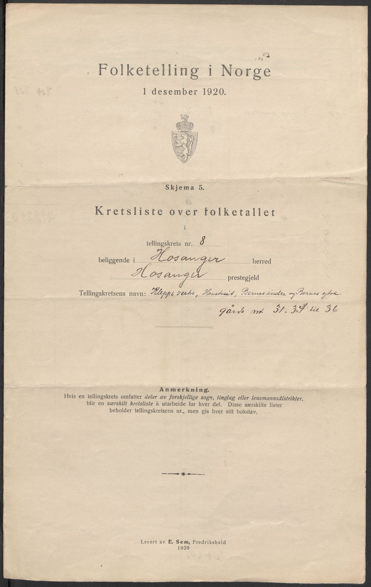 SAB, 1920 census for Hosanger, 1920, p. 26