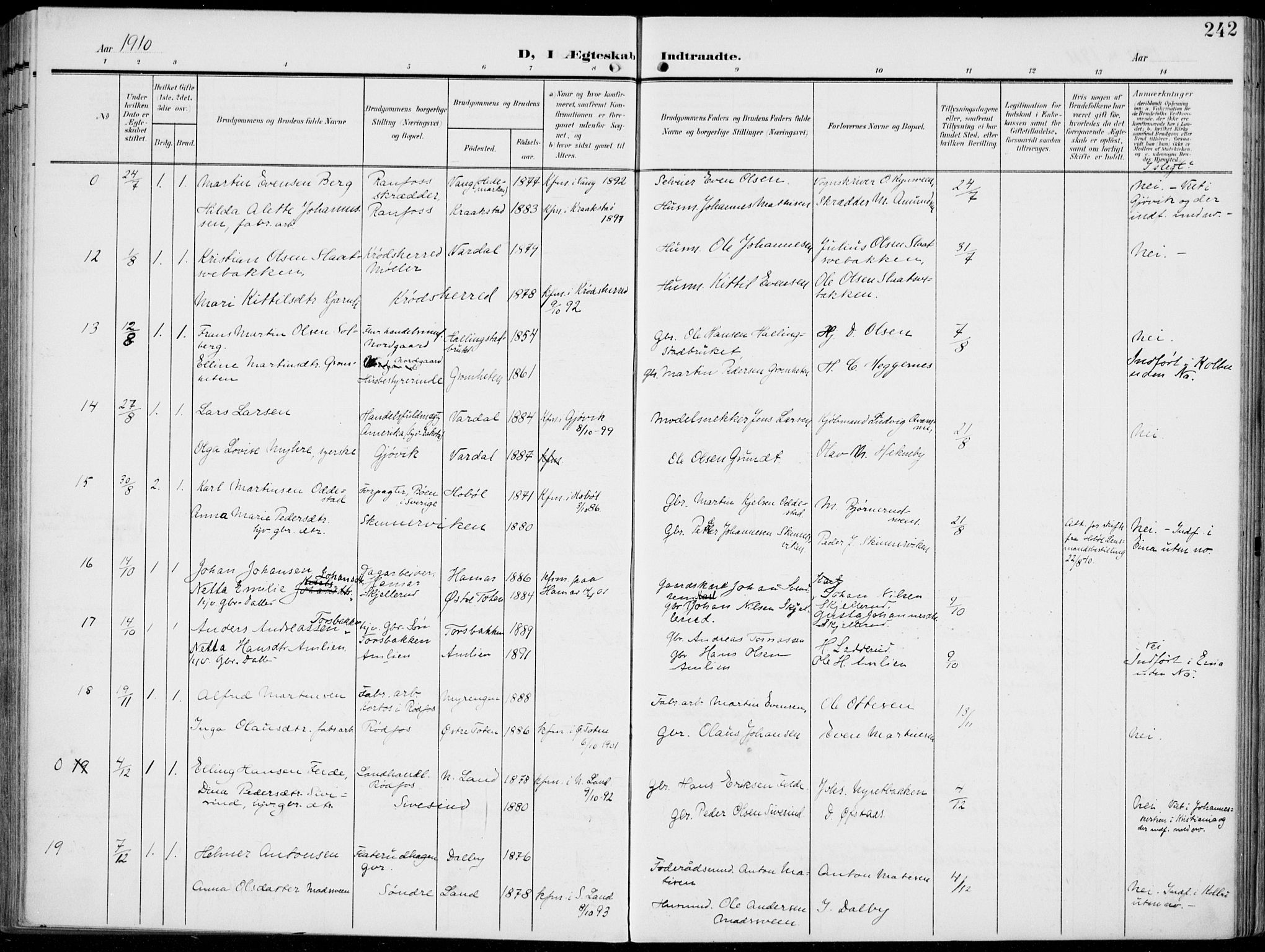 Vestre Toten prestekontor, AV/SAH-PREST-108/H/Ha/Haa/L0014: Parish register (official) no. 14, 1907-1920, p. 242