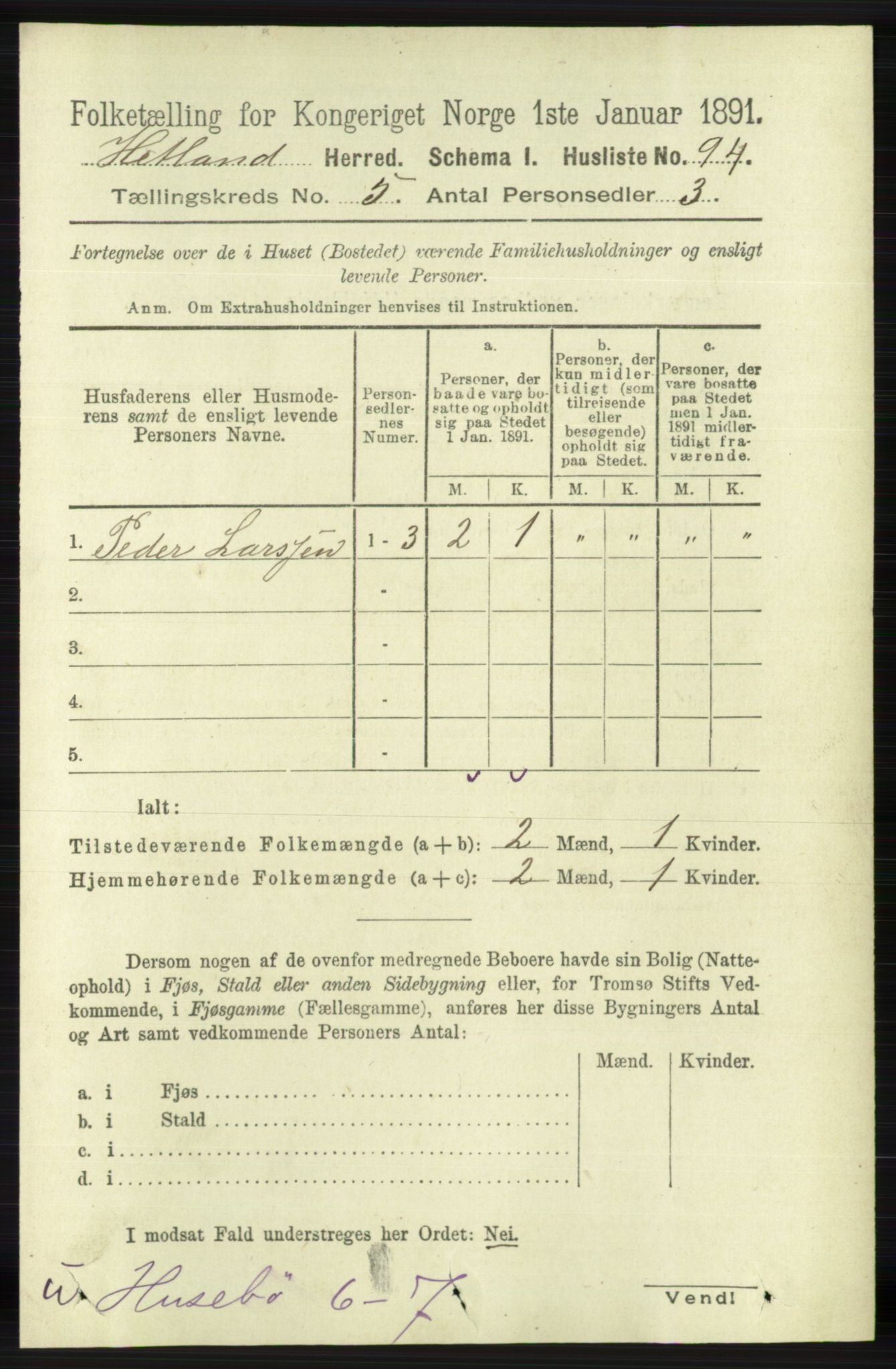 RA, 1891 census for 1126 Hetland, 1891, p. 2785