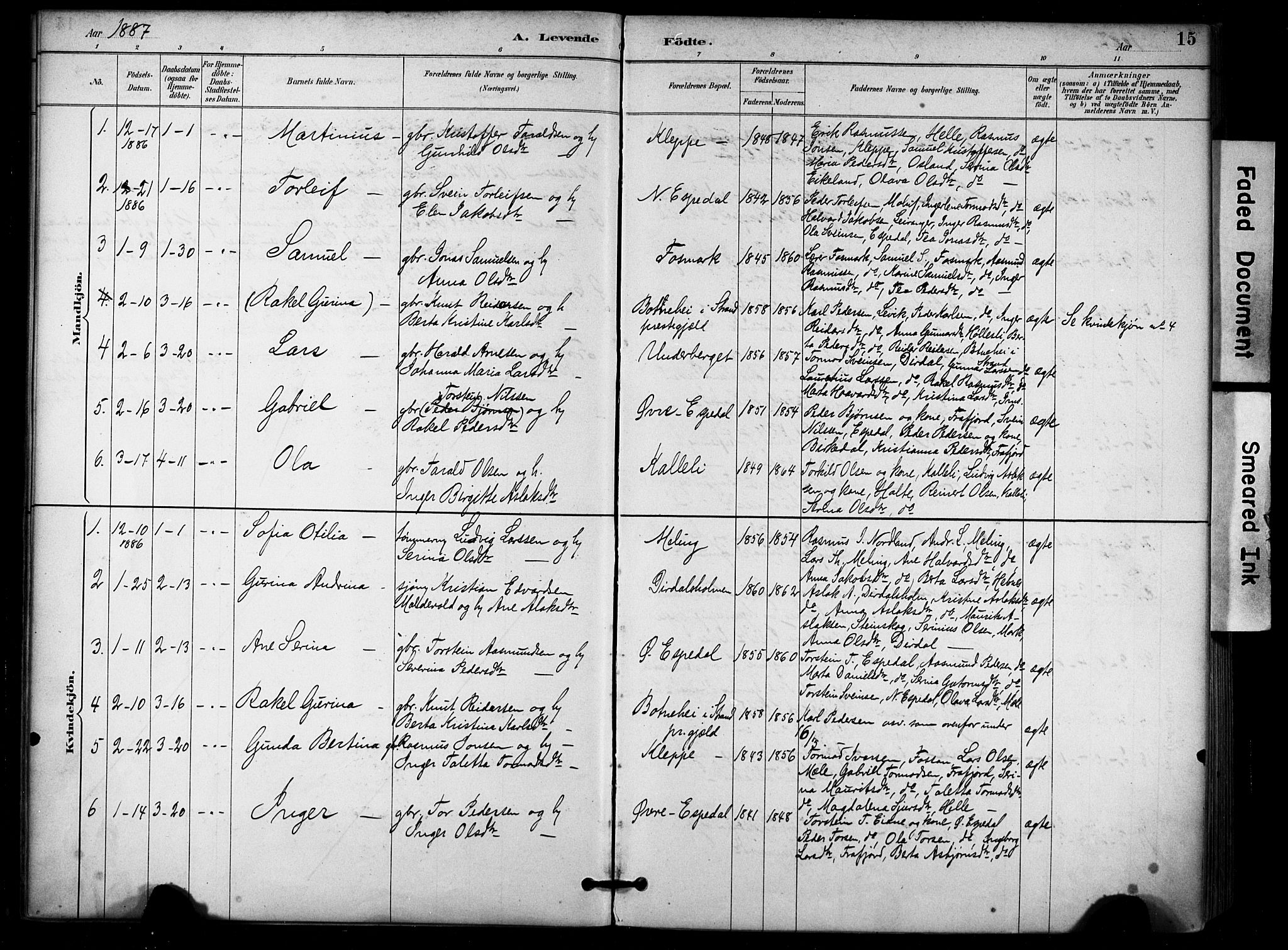 Høgsfjord sokneprestkontor, SAST/A-101624/H/Ha/Haa/L0006: Parish register (official) no. A 6, 1885-1897, p. 15