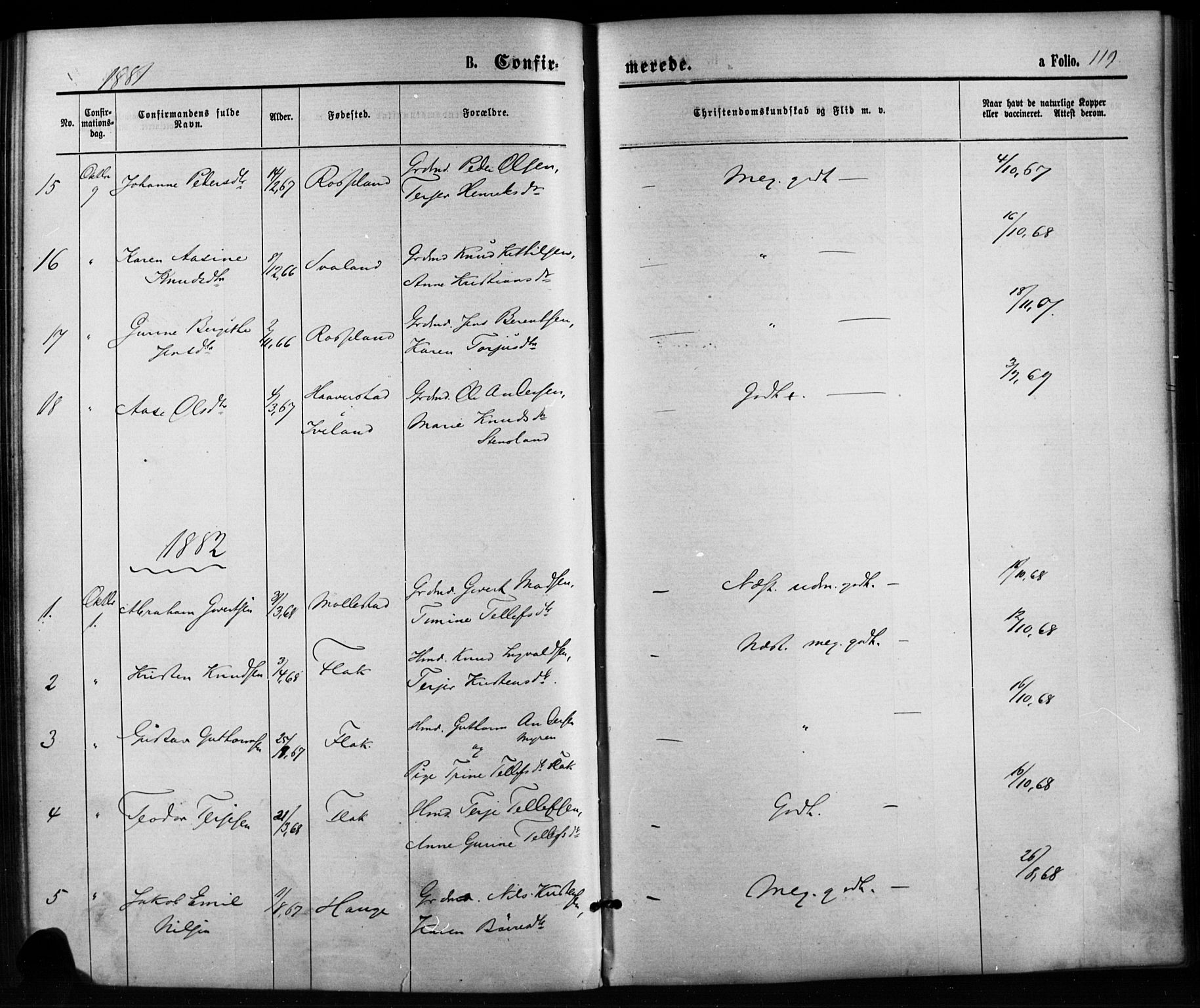 Birkenes sokneprestkontor, SAK/1111-0004/F/Fb/L0003: Parish register (copy) no. B 3, 1876-1892, p. 119