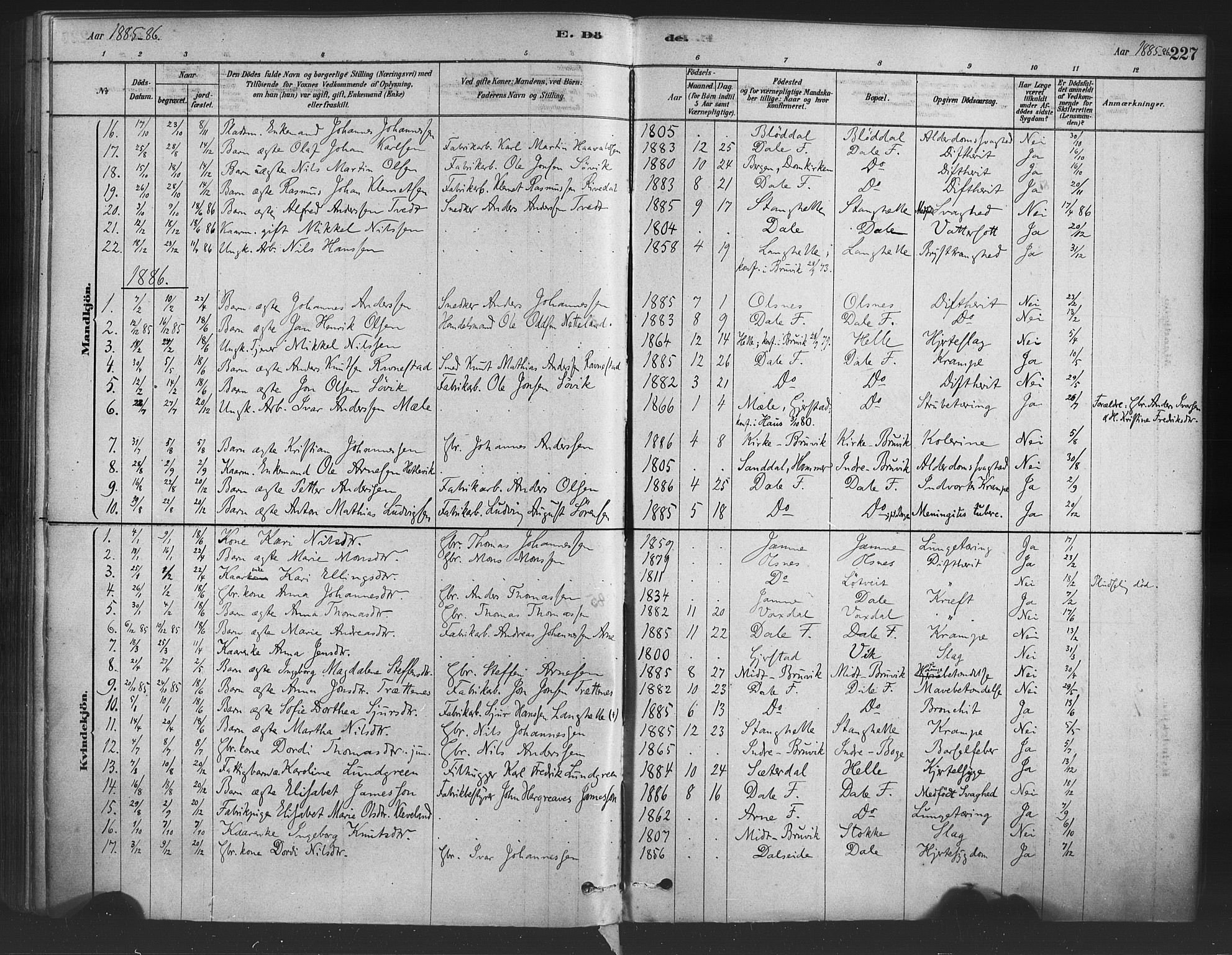 Bruvik Sokneprestembete, SAB/A-74701/H/Haa: Parish register (official) no. B 1, 1878-1904, p. 227