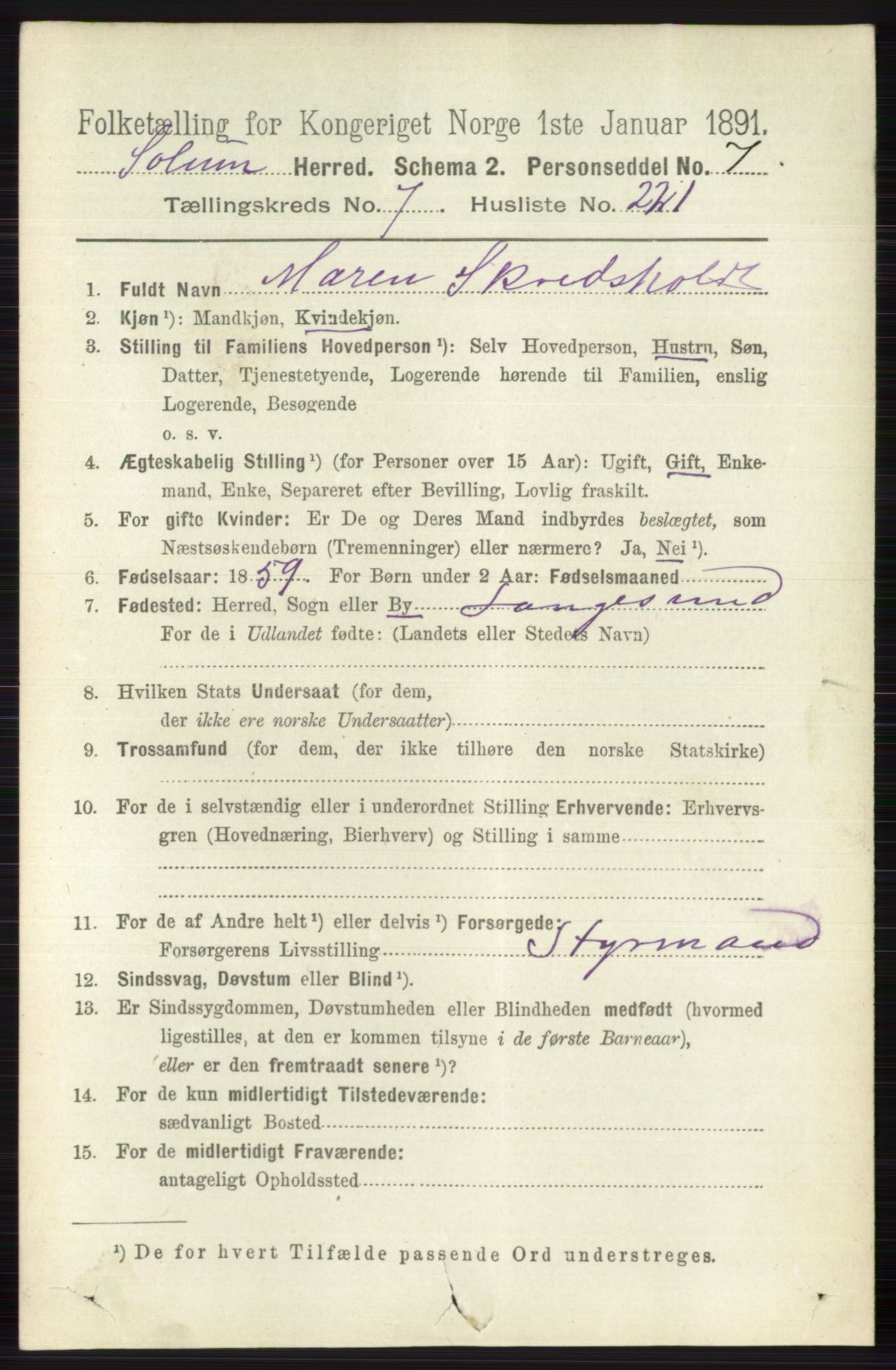 RA, 1891 census for 0818 Solum, 1891, p. 4023