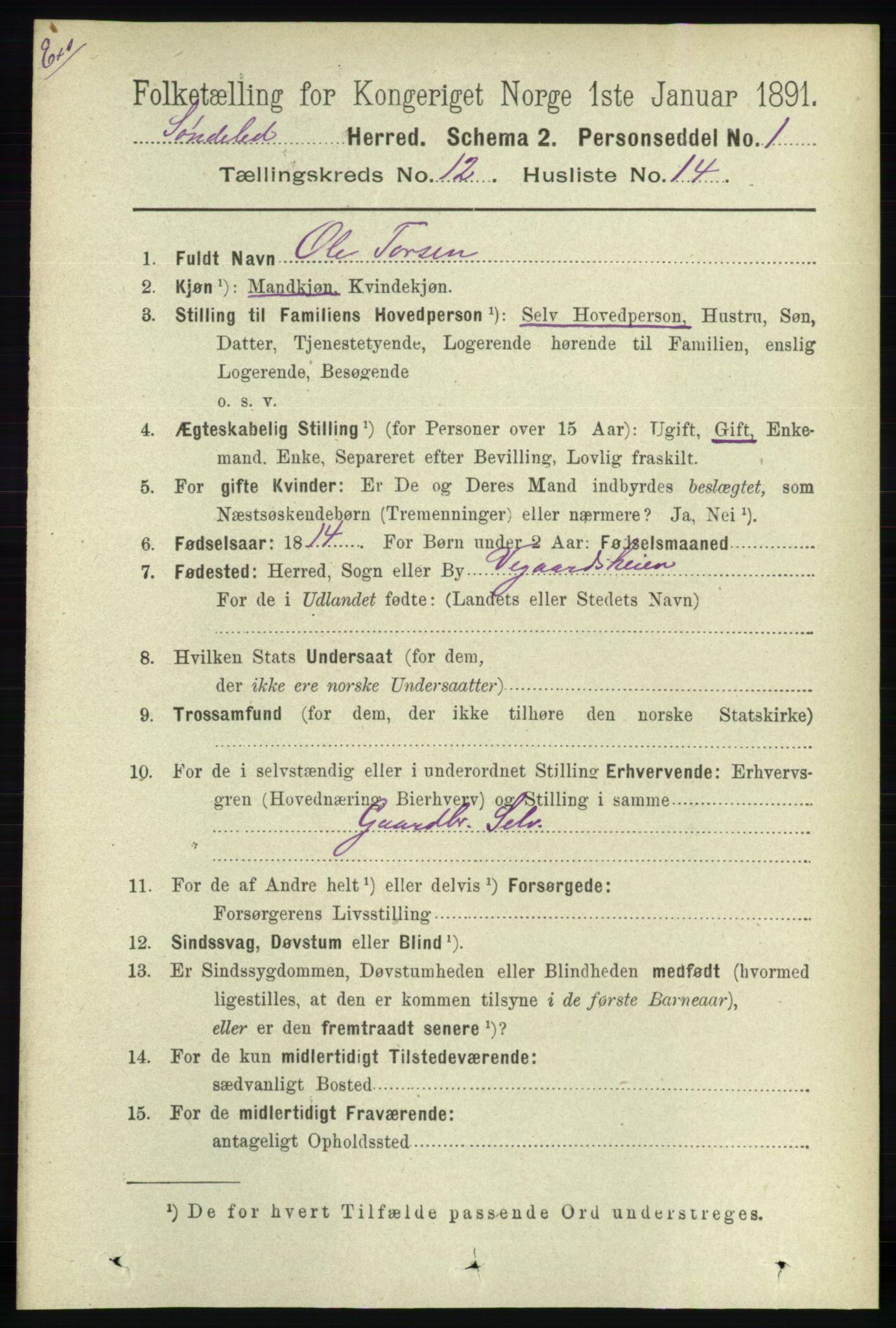 RA, Census 1891 for Nedenes amt: Gjenparter av personsedler for beslektede ektefeller, menn, 1891, p. 160