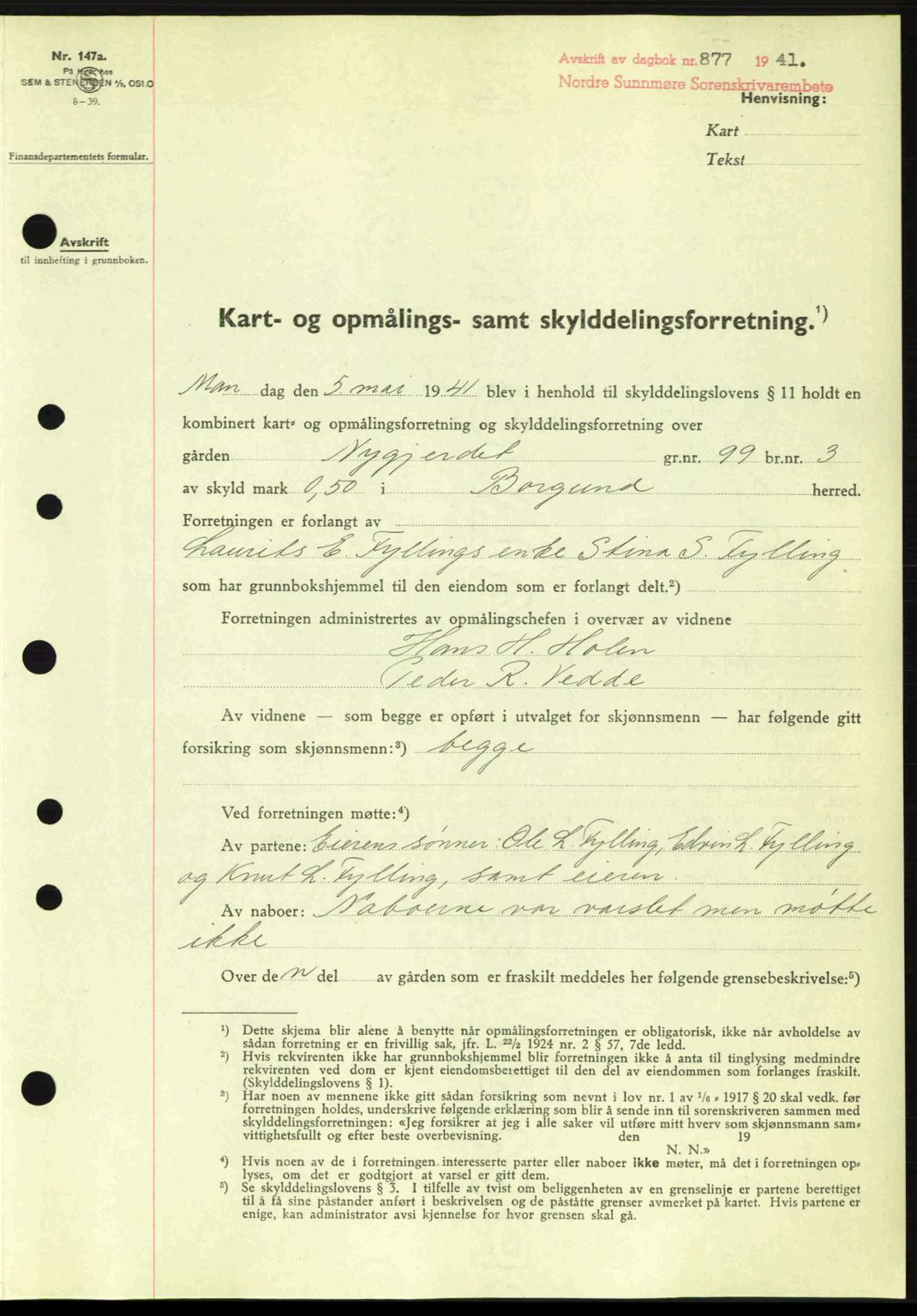 Nordre Sunnmøre sorenskriveri, AV/SAT-A-0006/1/2/2C/2Ca: Mortgage book no. A11, 1941-1941, Diary no: : 877/1941