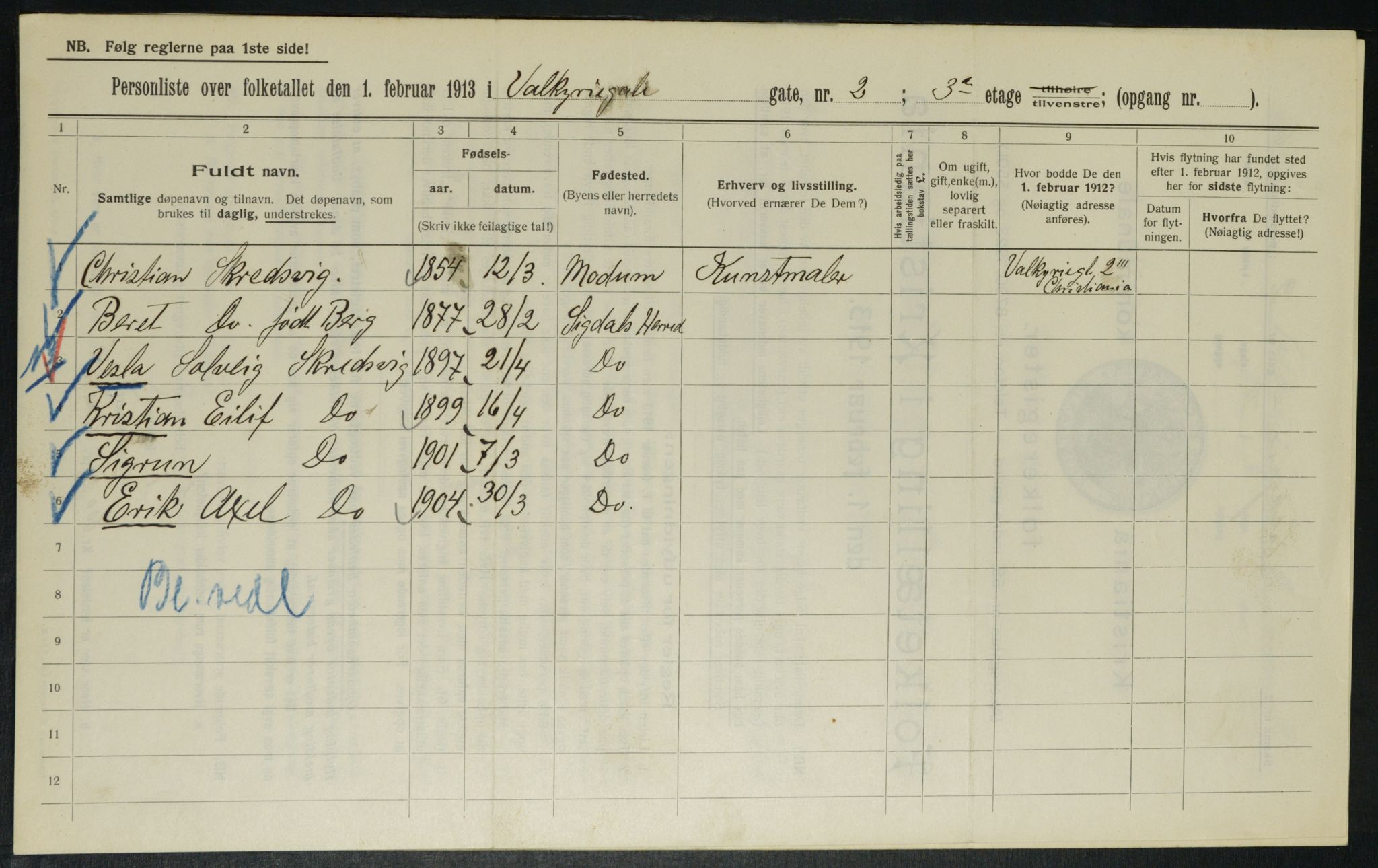 OBA, Municipal Census 1913 for Kristiania, 1913, p. 121523