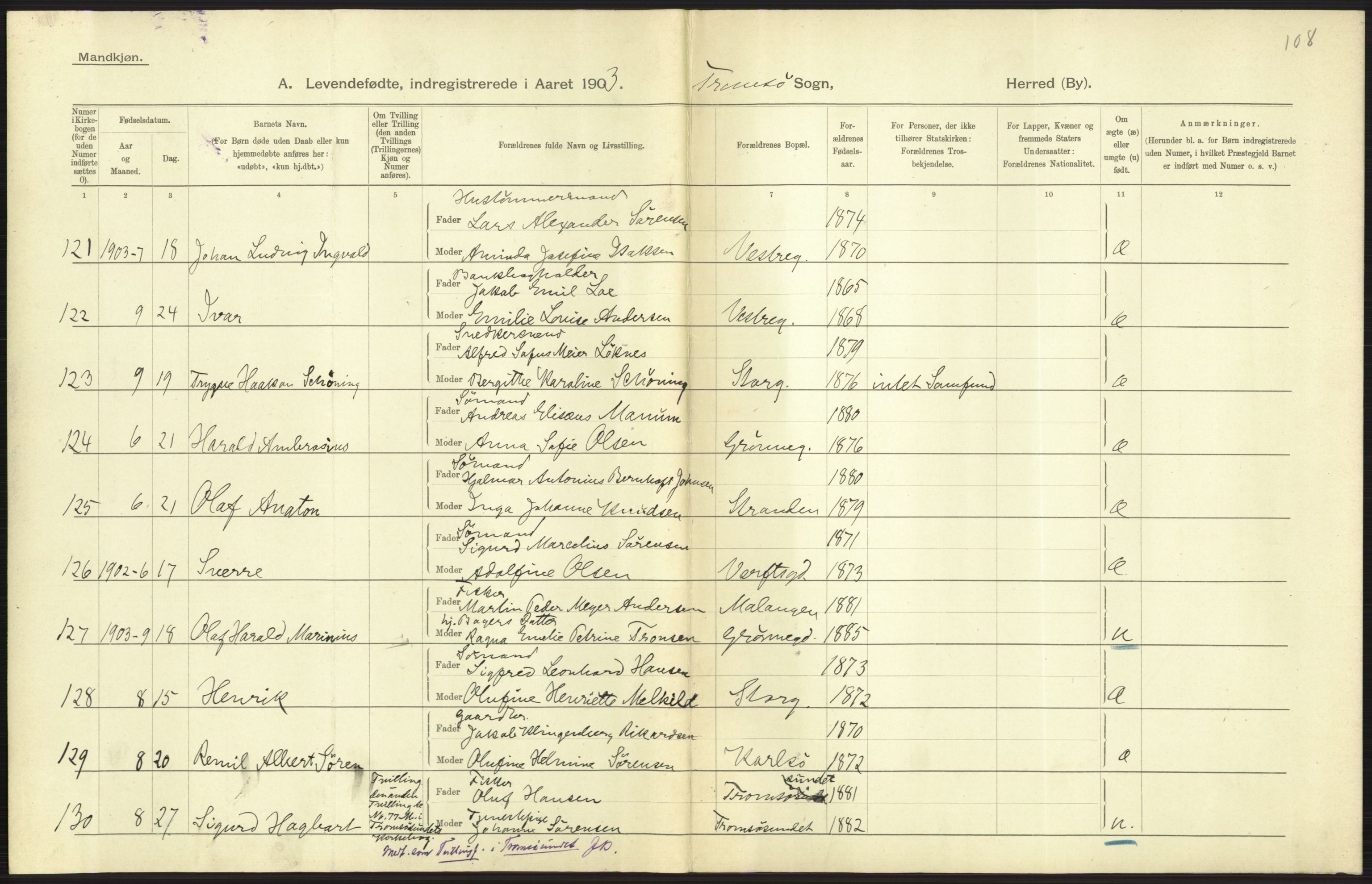 Statistisk sentralbyrå, Sosiodemografiske emner, Befolkning, AV/RA-S-2228/D/Df/Dfa/Dfaa/L0021: Tromsø amt: Fødte, gifte, døde., 1903, p. 273