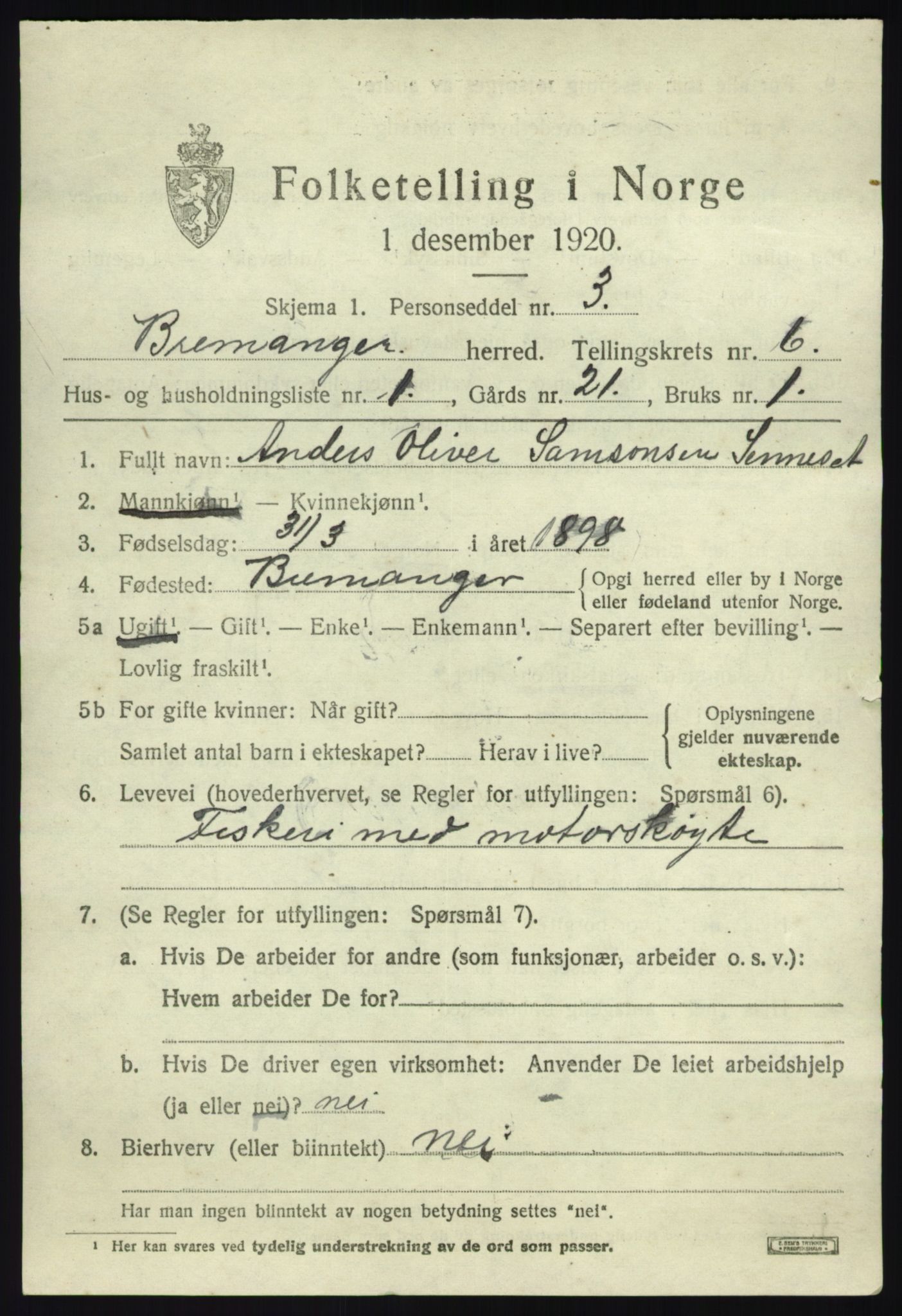 SAB, 1920 census for Bremanger, 1920, p. 4002