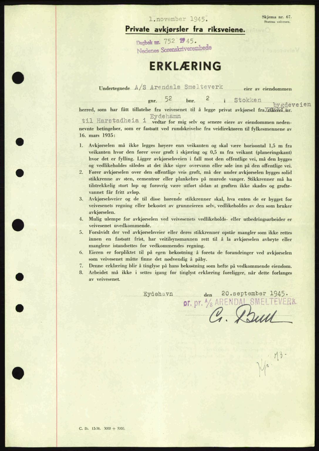 Nedenes sorenskriveri, AV/SAK-1221-0006/G/Gb/Gba/L0053: Mortgage book no. A6b, 1945-1945, Diary no: : 752/1945