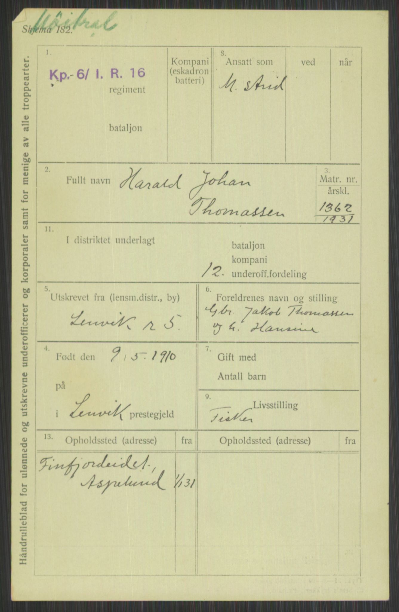 Forsvaret, Troms infanteriregiment nr. 16, AV/RA-RAFA-3146/P/Pa/L0015: Rulleblad for regimentets menige mannskaper, årsklasse 1931, 1931, p. 1145