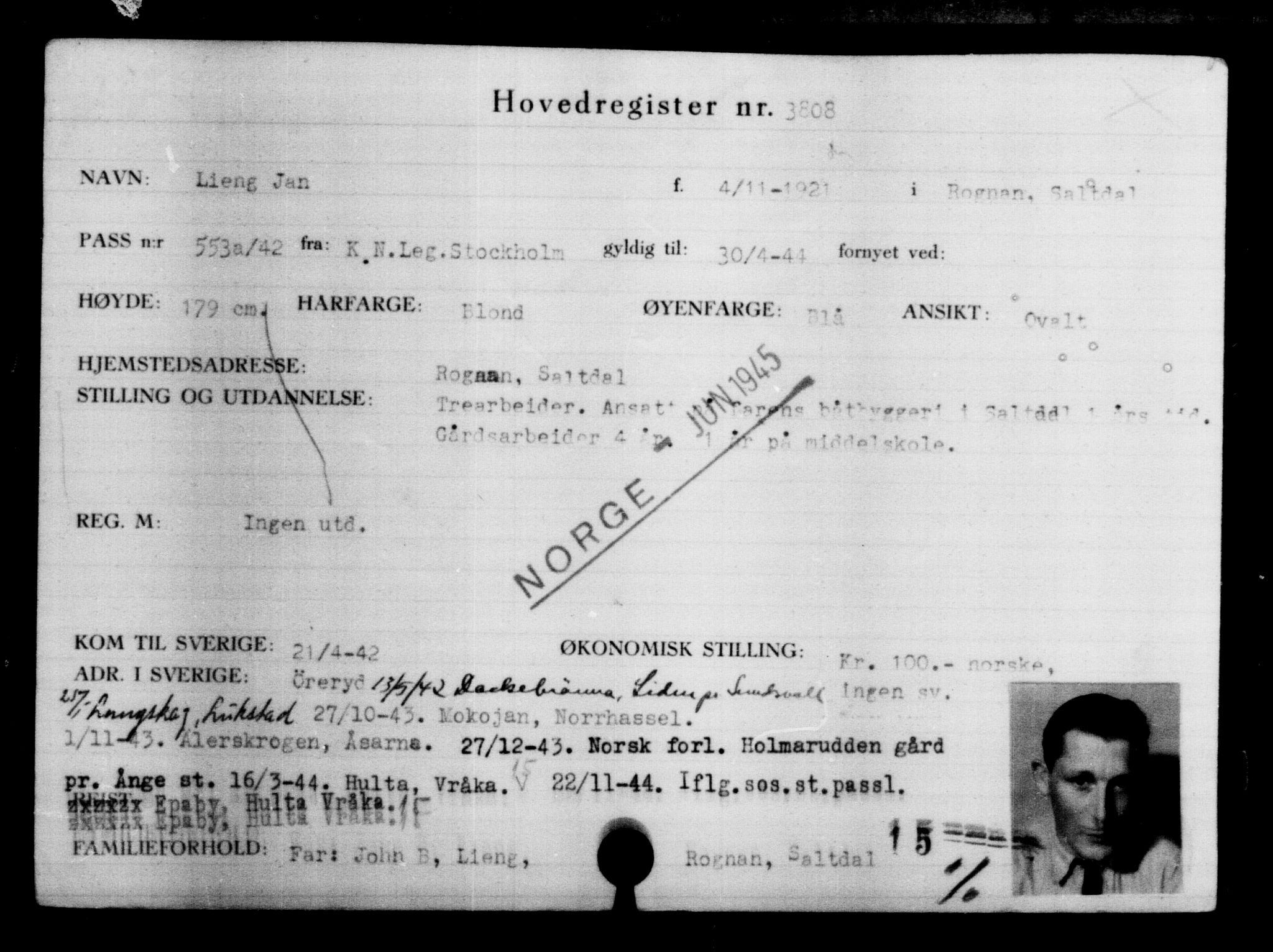Utenriksstasjonene, Legasjonen i Stockholm, Flyktningkontoret, AV/RA-S-6753/V/Va/L0004: Kjesäterkartoteket, flyktning nr. 3496-6610, 1940-1945, p. 365