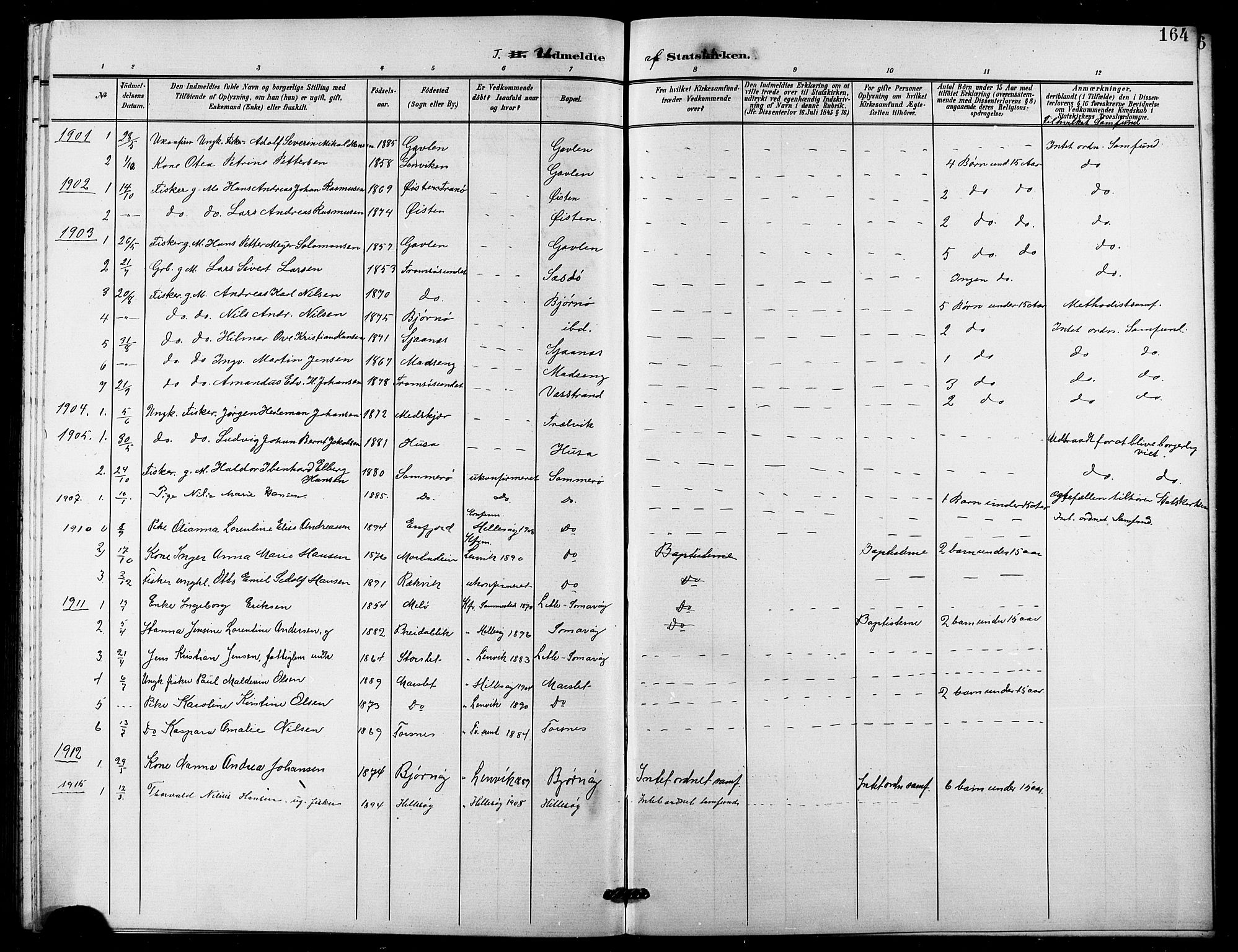 Lenvik sokneprestembete, SATØ/S-1310/H/Ha/Hab/L0022klokker: Parish register (copy) no. 22, 1901-1918, p. 164