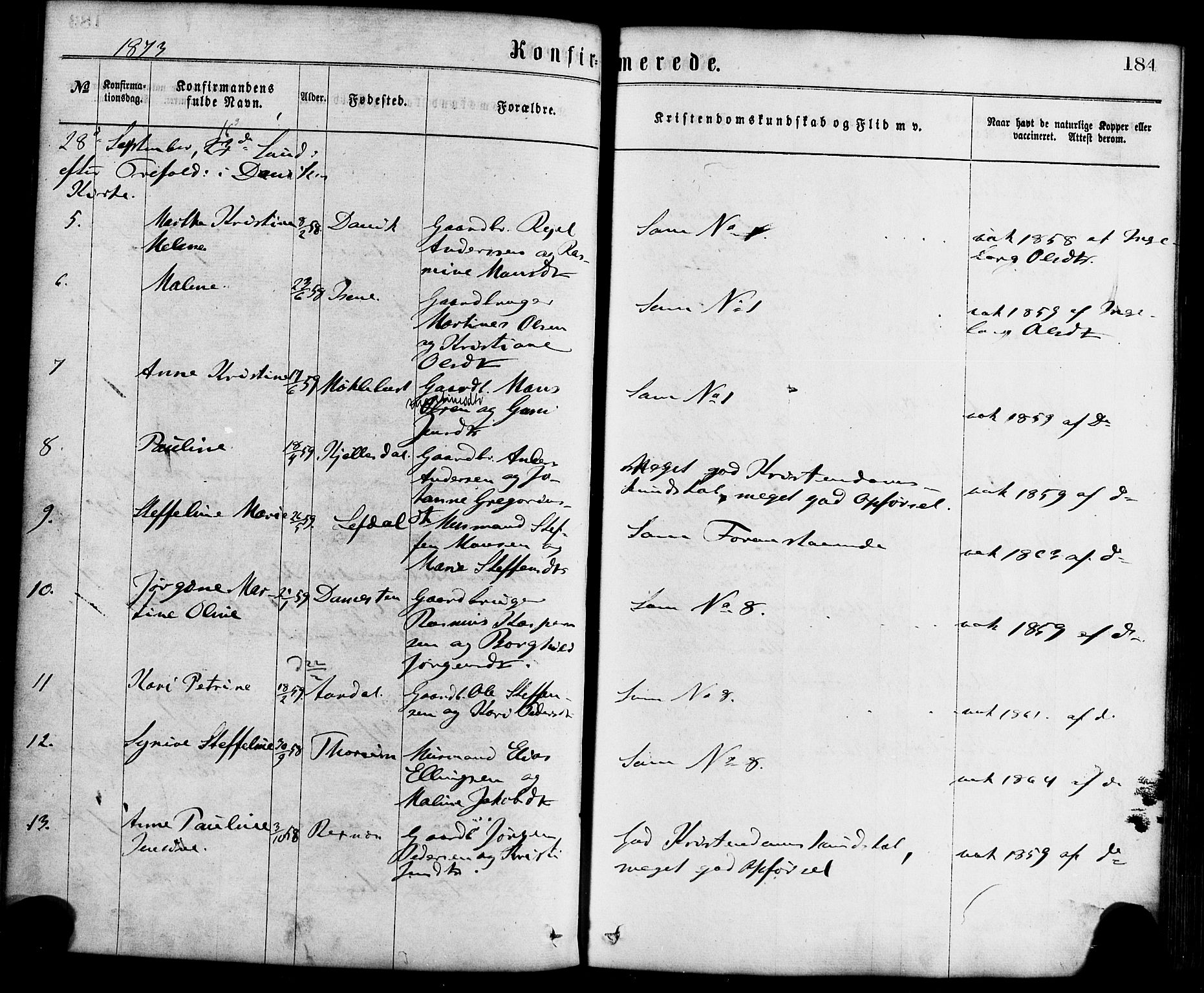 Davik sokneprestembete, AV/SAB-A-79701/H/Haa/Haaa/L0006: Parish register (official) no. A 6, 1867-1881, p. 184