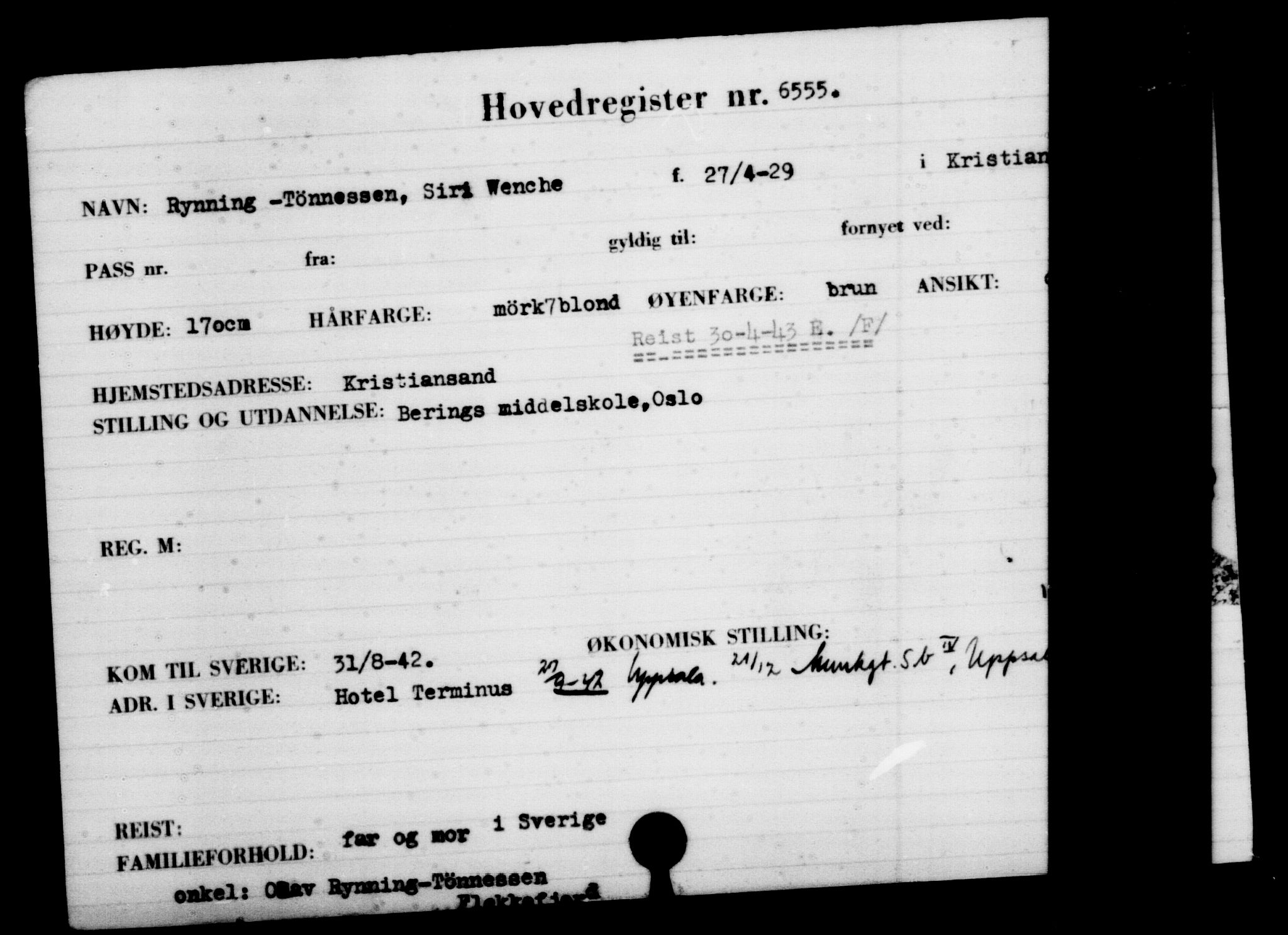 Utenriksstasjonene, Legasjonen i Stockholm, Flyktningkontoret, AV/RA-S-6753/V/Va/L0004: Kjesäterkartoteket, flyktninger med registreringsnr. 3496-6610, 1940-1945, p. 3617