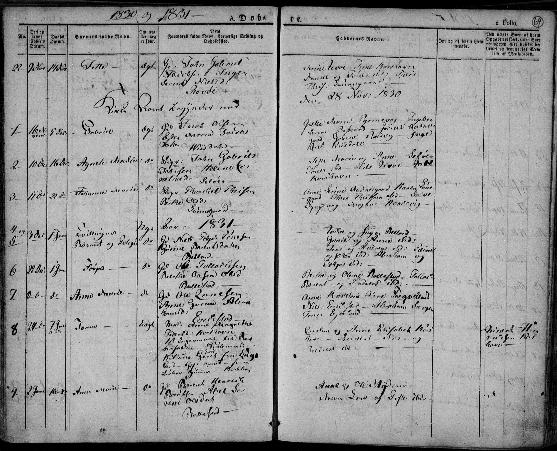 Lyngdal sokneprestkontor, AV/SAK-1111-0029/F/Fa/Fac/L0007: Parish register (official) no. A 7, 1825-1838, p. 69