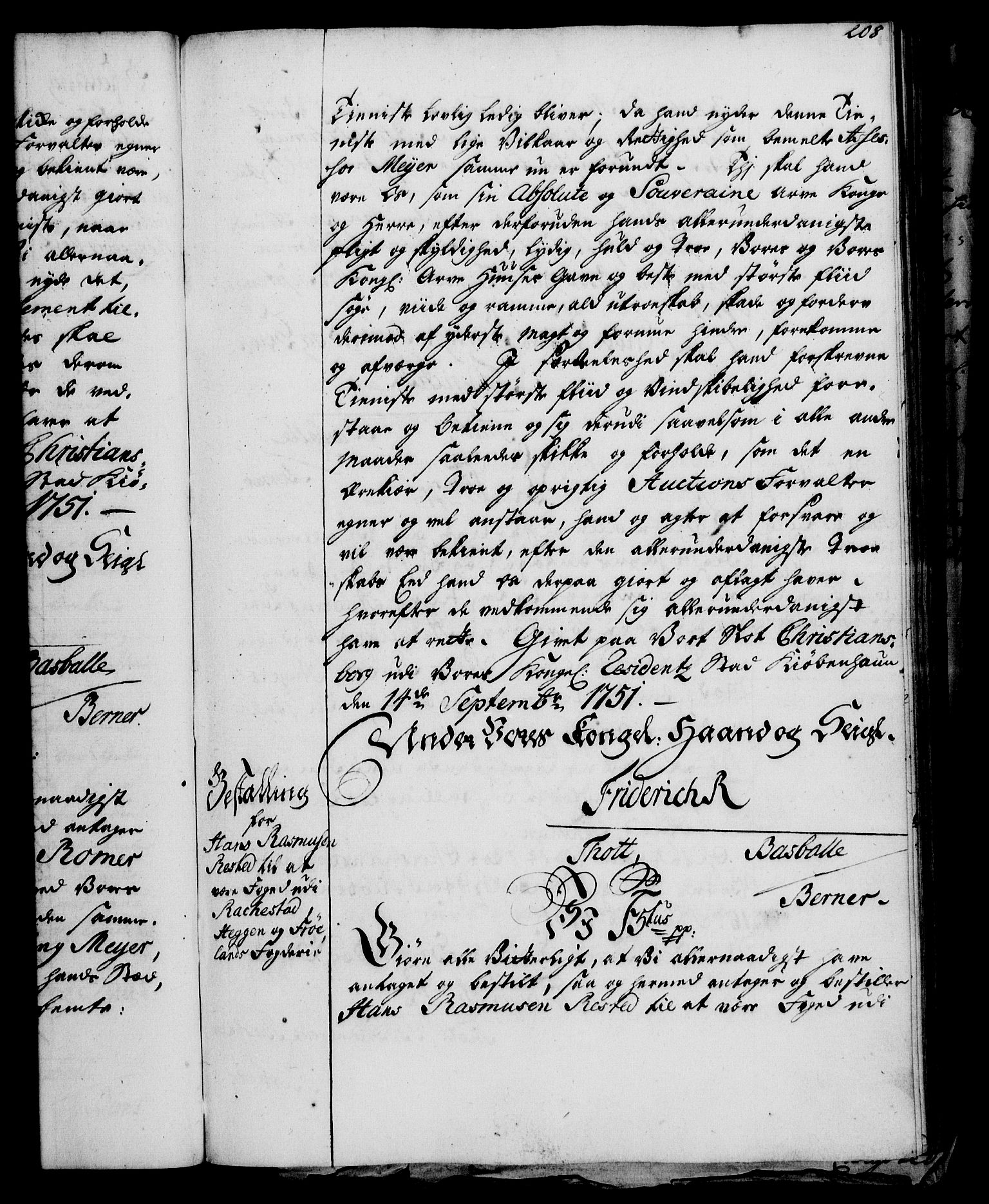Rentekammeret, Kammerkanselliet, RA/EA-3111/G/Gg/Gge/L0003: Norsk bestallingsprotokoll med register (merket RK 53.27), 1745-1761, p. 208