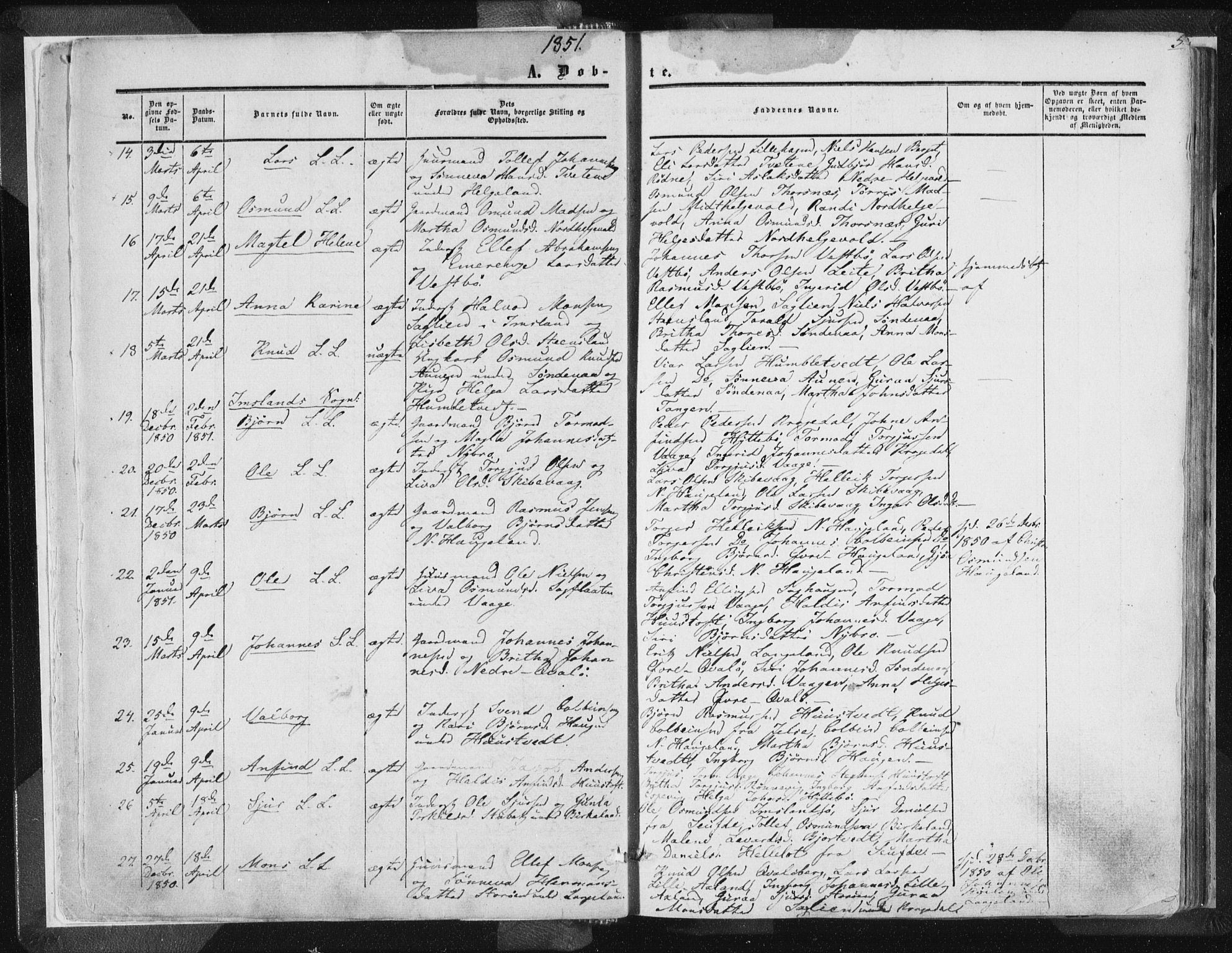 Vikedal sokneprestkontor, SAST/A-101840/01/IV: Parish register (official) no. A 6.1, 1851-1867, p. 5