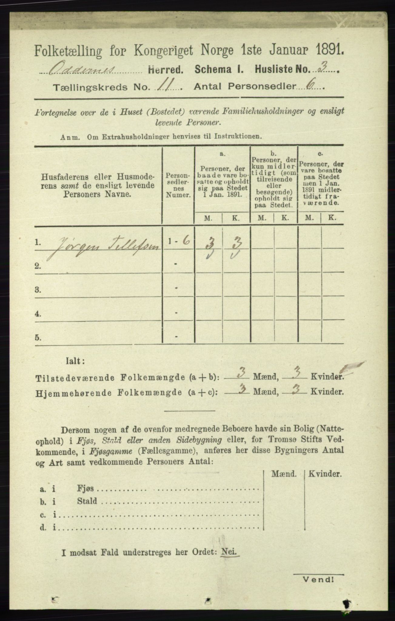 RA, 1891 census for 1012 Oddernes, 1891, p. 4105