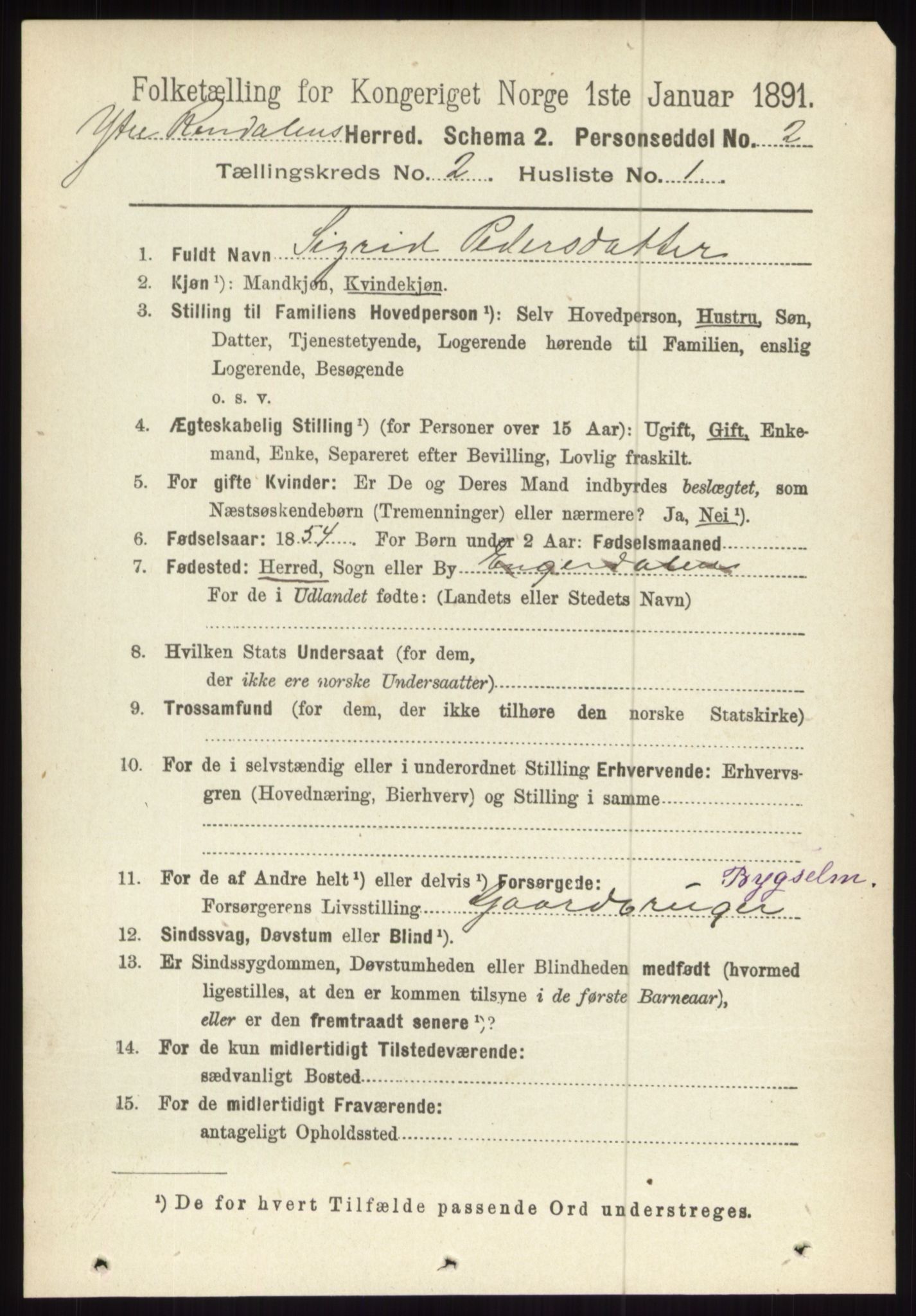 RA, 1891 census for 0432 Ytre Rendal, 1891, p. 294