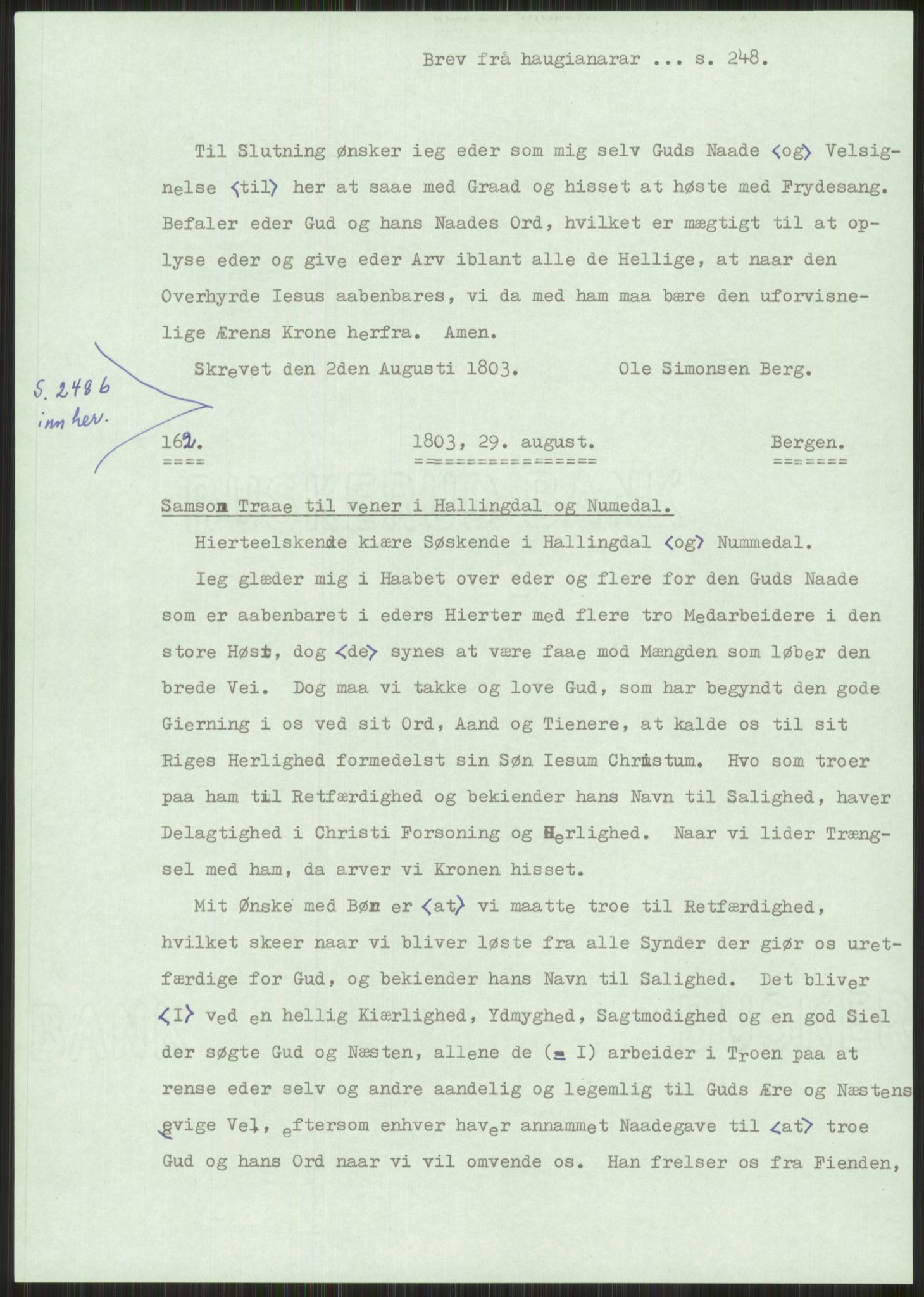 Samlinger til kildeutgivelse, Haugianerbrev, AV/RA-EA-6834/F/L0001: Haugianerbrev I: 1760-1804, 1760-1804, p. 248