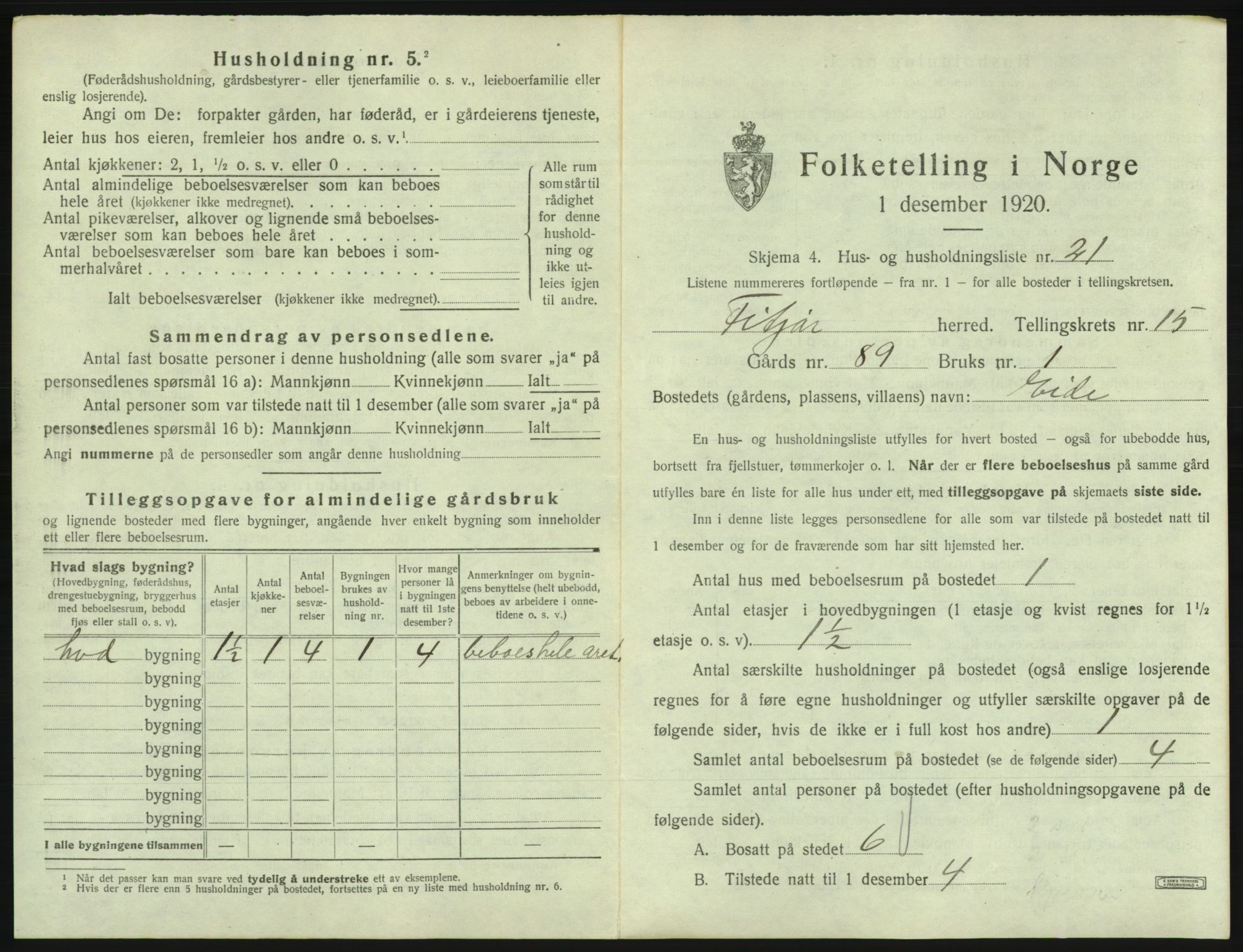 SAB, 1920 census for Fitjar, 1920, p. 936