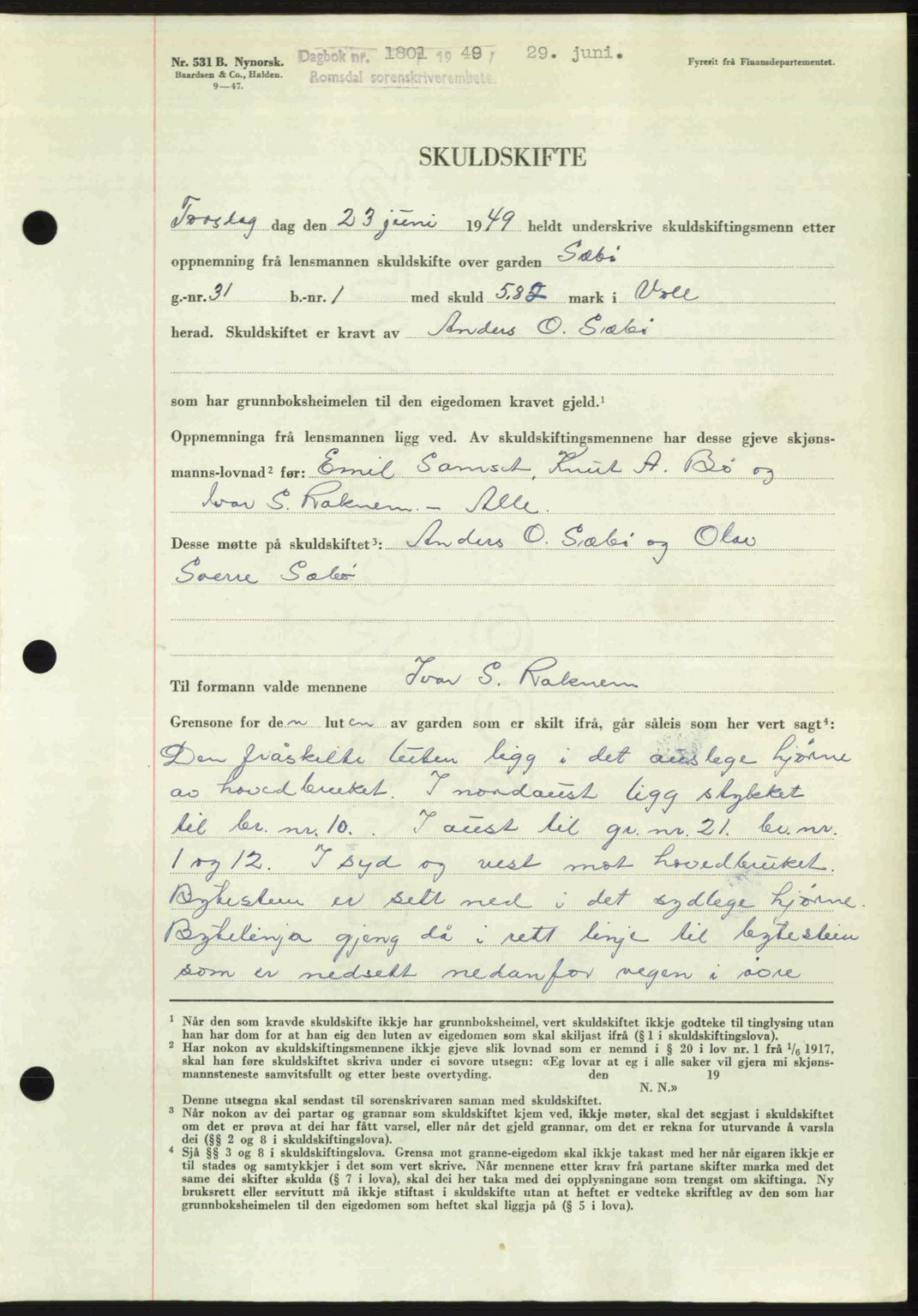 Romsdal sorenskriveri, AV/SAT-A-4149/1/2/2C: Mortgage book no. A30, 1949-1949, Diary no: : 1801/1949