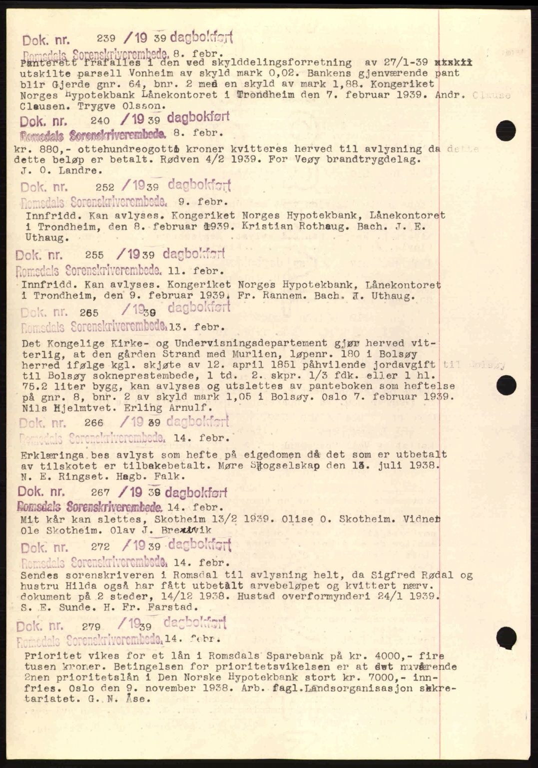 Romsdal sorenskriveri, AV/SAT-A-4149/1/2/2C: Mortgage book no. C1a, 1936-1945, Diary no: : 239/1939