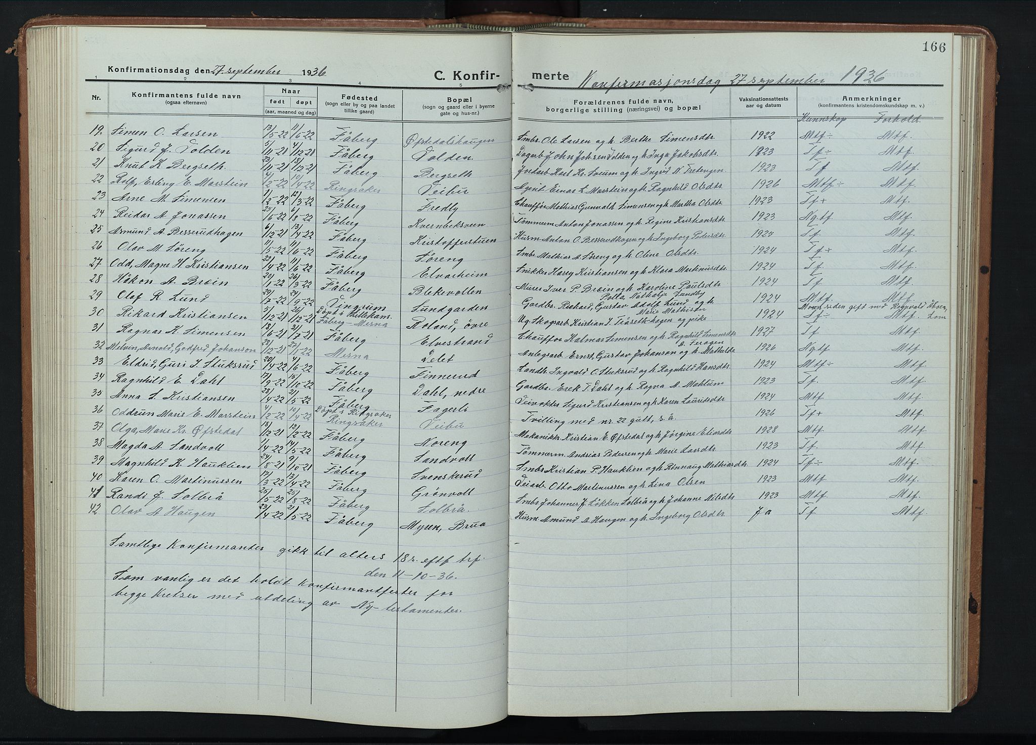 Fåberg prestekontor, AV/SAH-PREST-086/H/Ha/Hab/L0014: Parish register (copy) no. 14, 1922-1946, p. 166