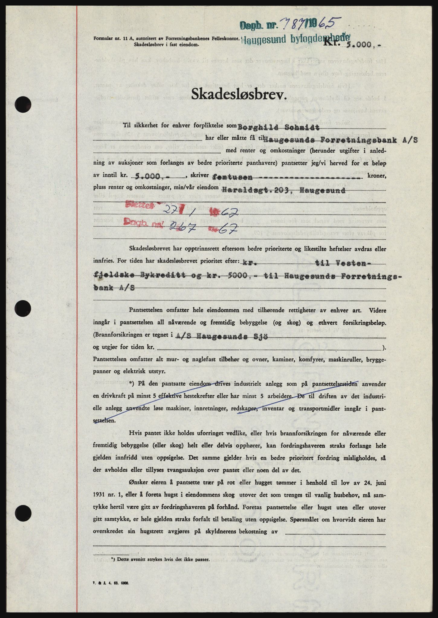 Haugesund tingrett, SAST/A-101415/01/II/IIC/L0053: Mortgage book no. B 53, 1965-1965, Diary no: : 787/1965