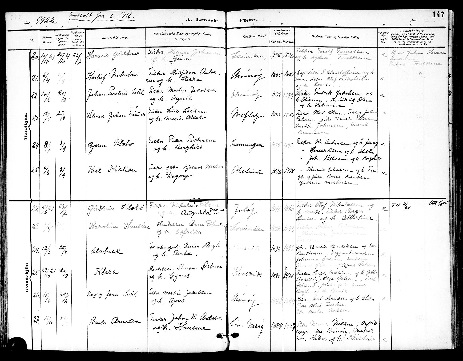 Ministerialprotokoller, klokkerbøker og fødselsregistre - Nordland, AV/SAT-A-1459/839/L0569: Parish register (official) no. 839A06, 1903-1922, p. 147