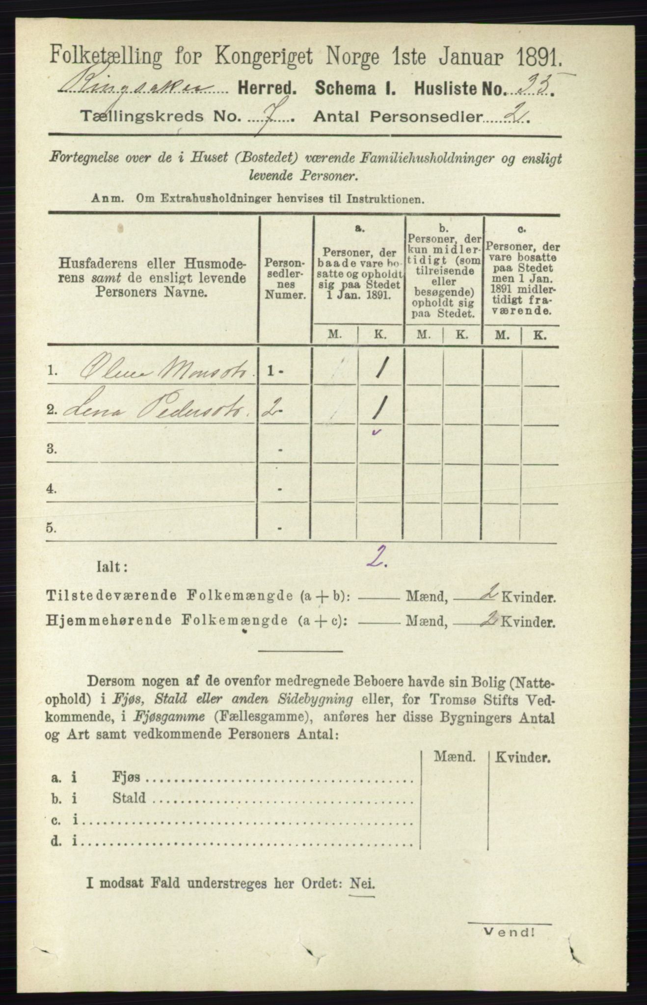 RA, 1891 census for 0412 Ringsaker, 1891, p. 3825