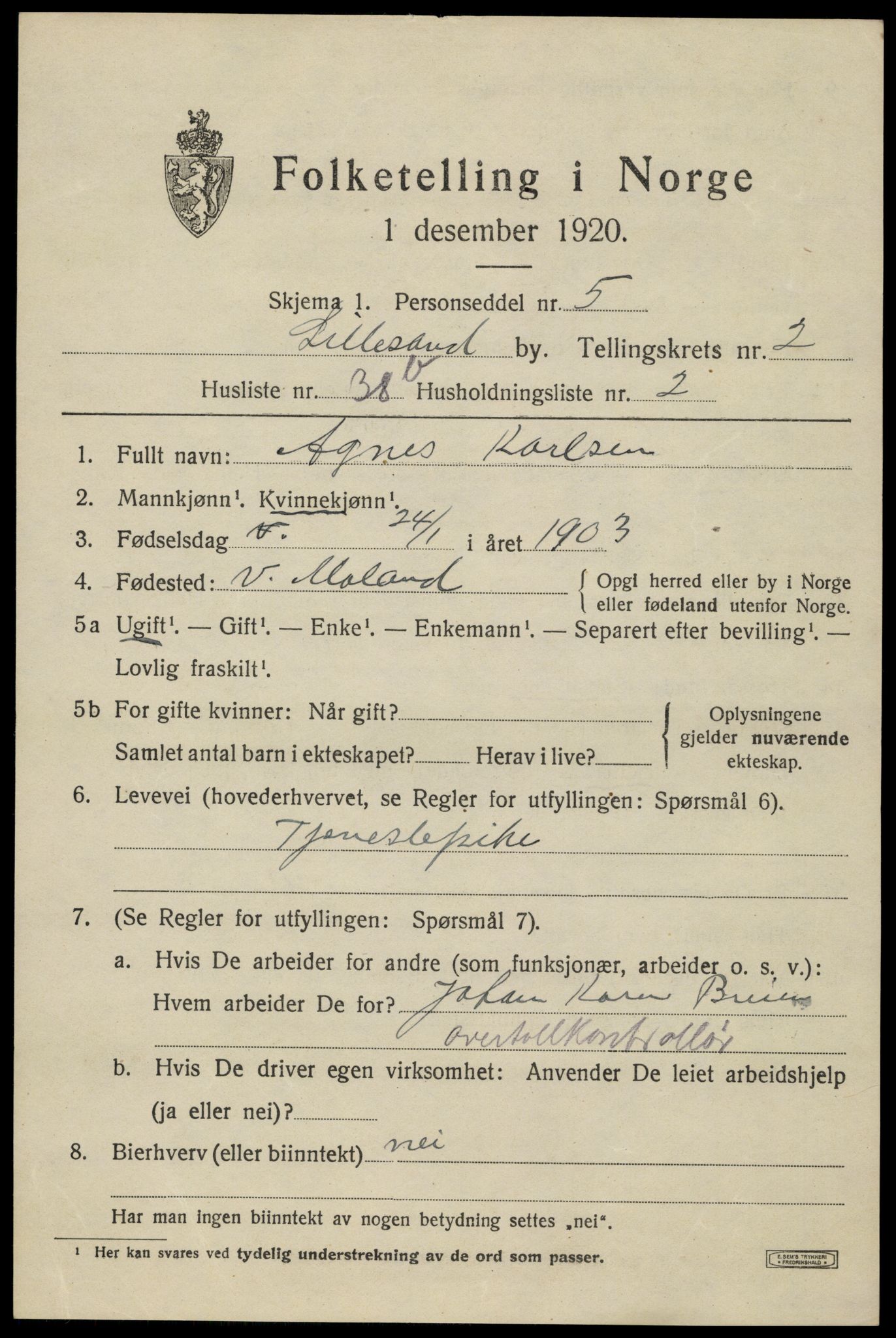 SAK, 1920 census for Lillesand, 1920, p. 2825