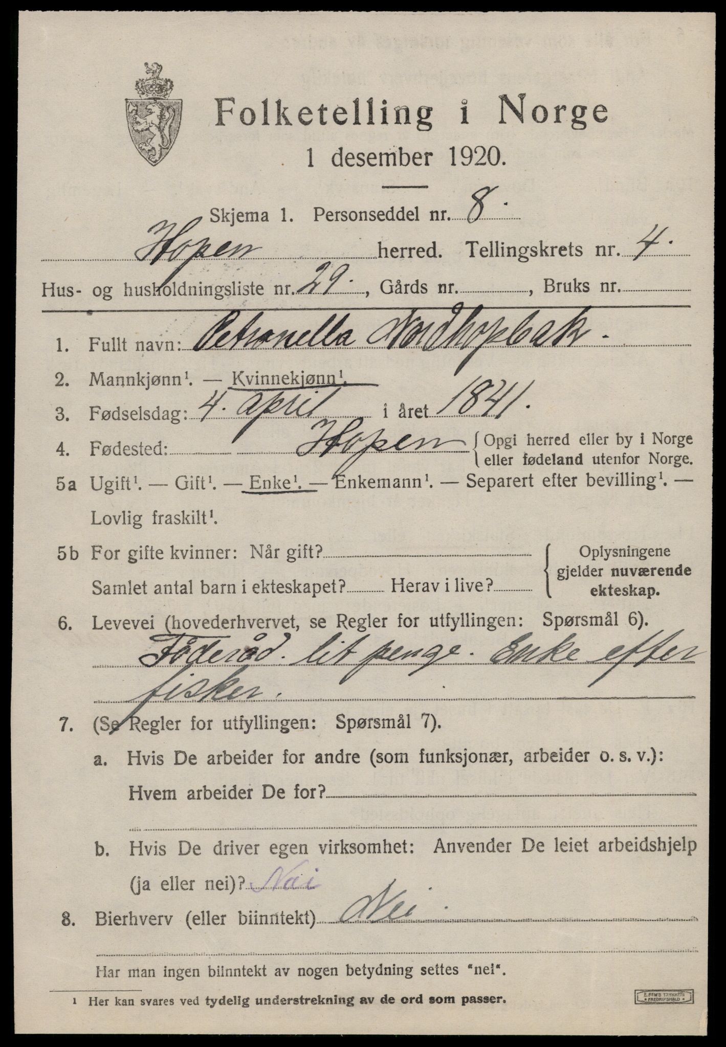 SAT, 1920 census for Hopen, 1920, p. 2350