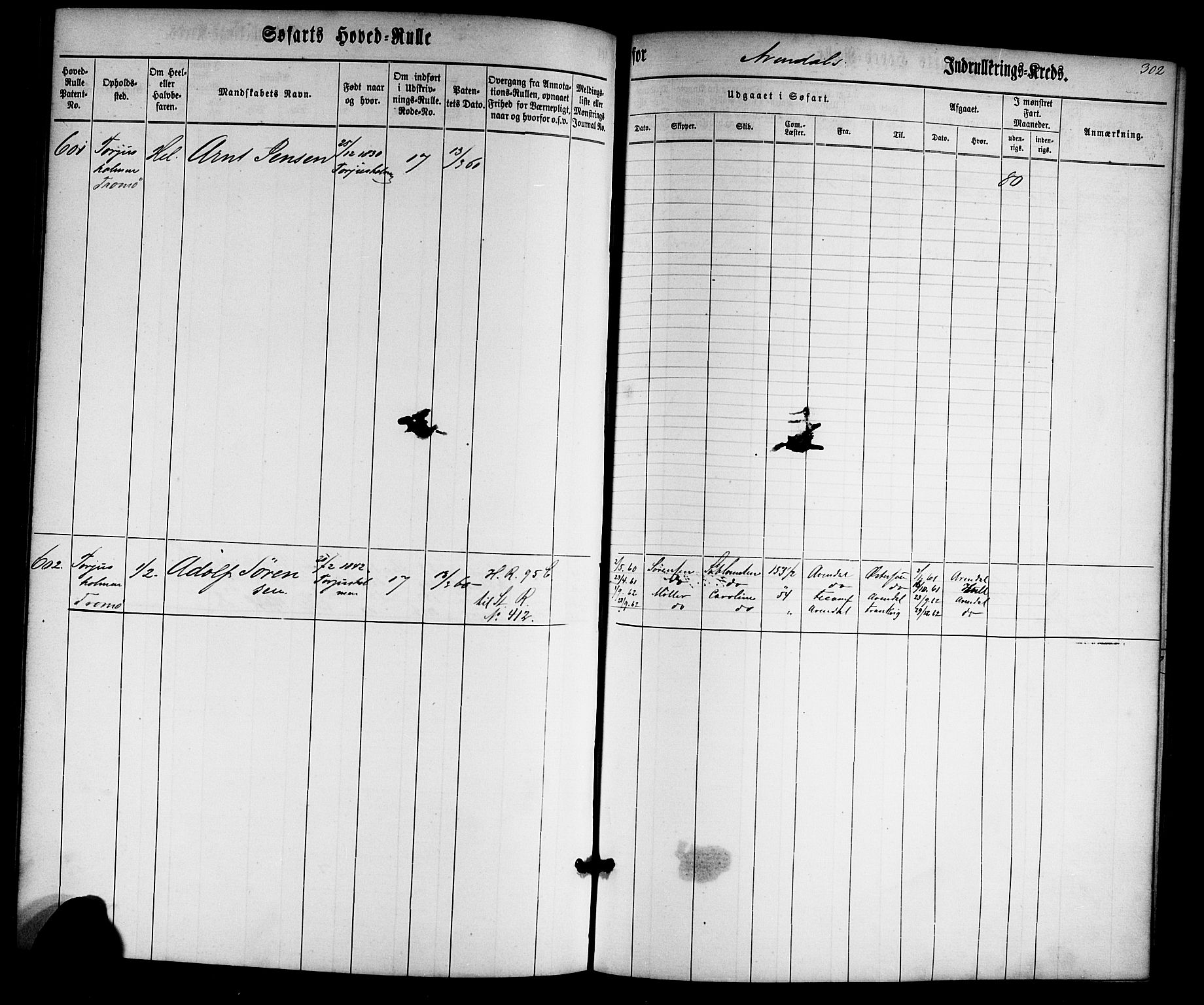 Arendal mønstringskrets, SAK/2031-0012/F/Fb/L0001: Hovedrulle nr 1-766 uten register, E-2, 1860-1868, p. 311