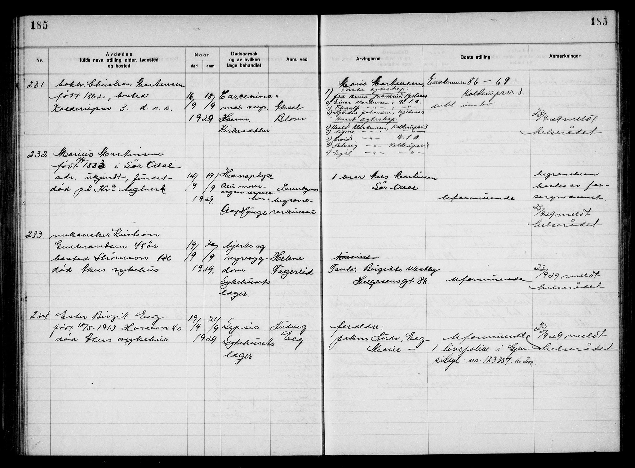 Aker kriminaldommer, skifte- og auksjonsforvalterembete, AV/SAO-A-10452/H/Hb/Hba/Hbac/L0002: Dødsfallsprotokoll for Østre Aker, 1927-1931, p. 185