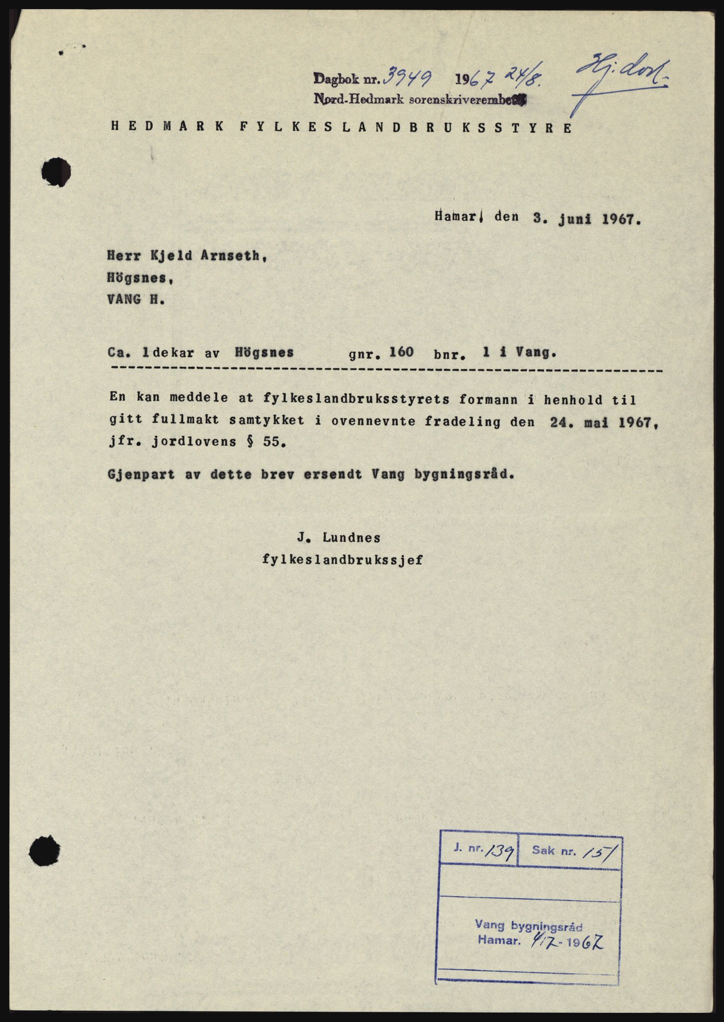 Nord-Hedmark sorenskriveri, SAH/TING-012/H/Hc/L0026: Mortgage book no. 26, 1967-1967, Diary no: : 3949/1967