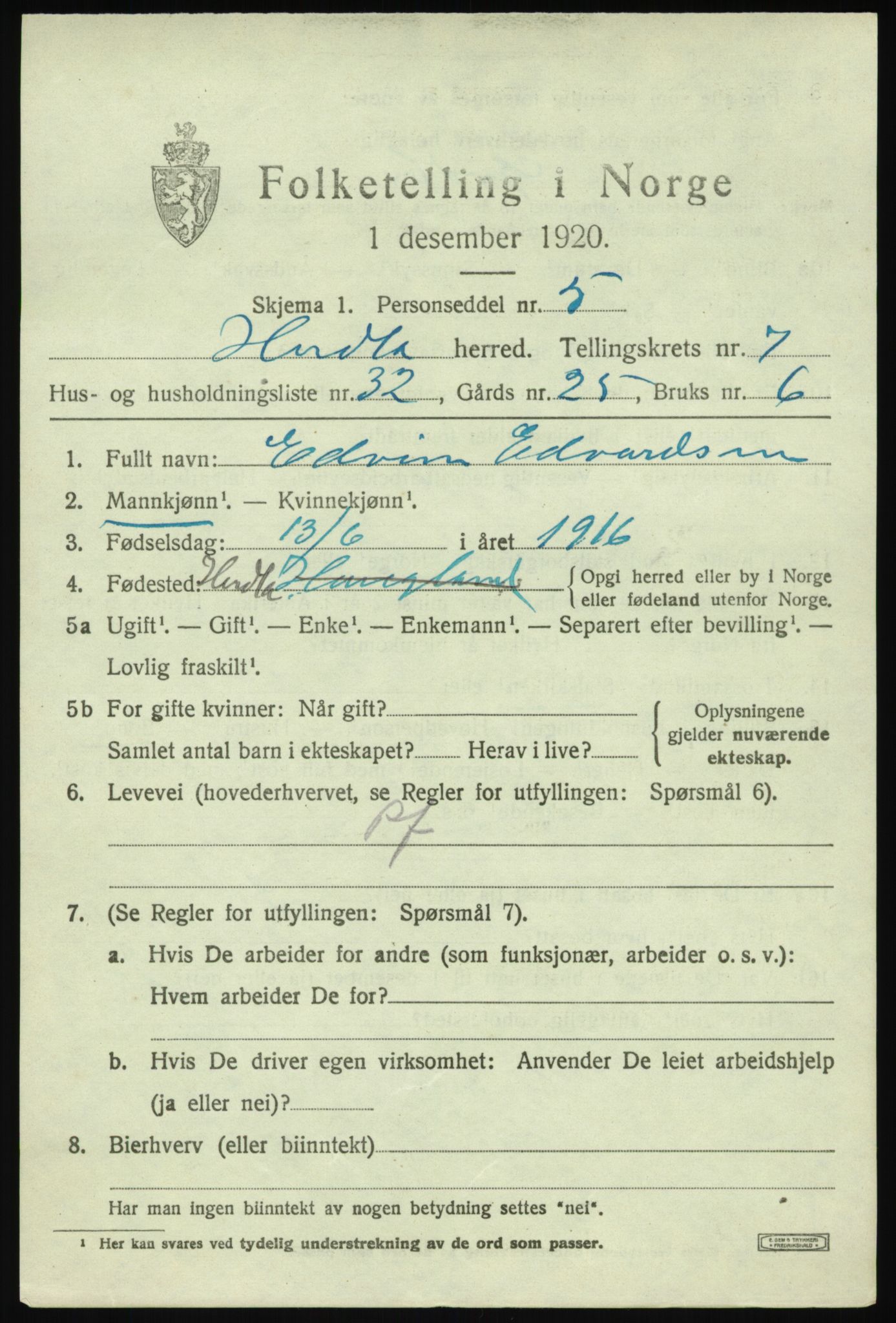 SAB, 1920 census for Herdla, 1920, p. 5297