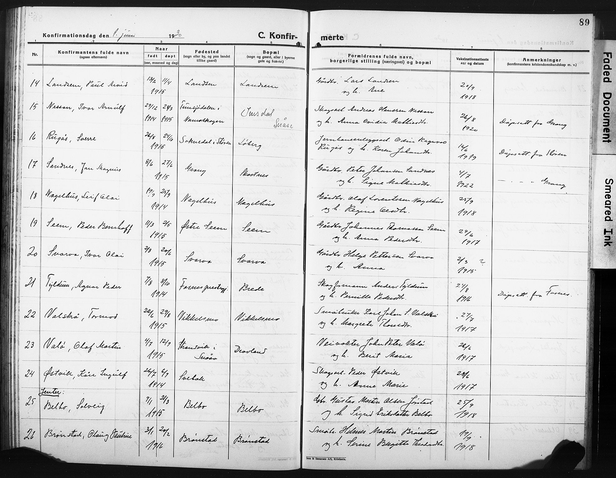 Ministerialprotokoller, klokkerbøker og fødselsregistre - Nord-Trøndelag, SAT/A-1458/749/L0480: Parish register (copy) no. 749C02, 1924-1932, p. 89
