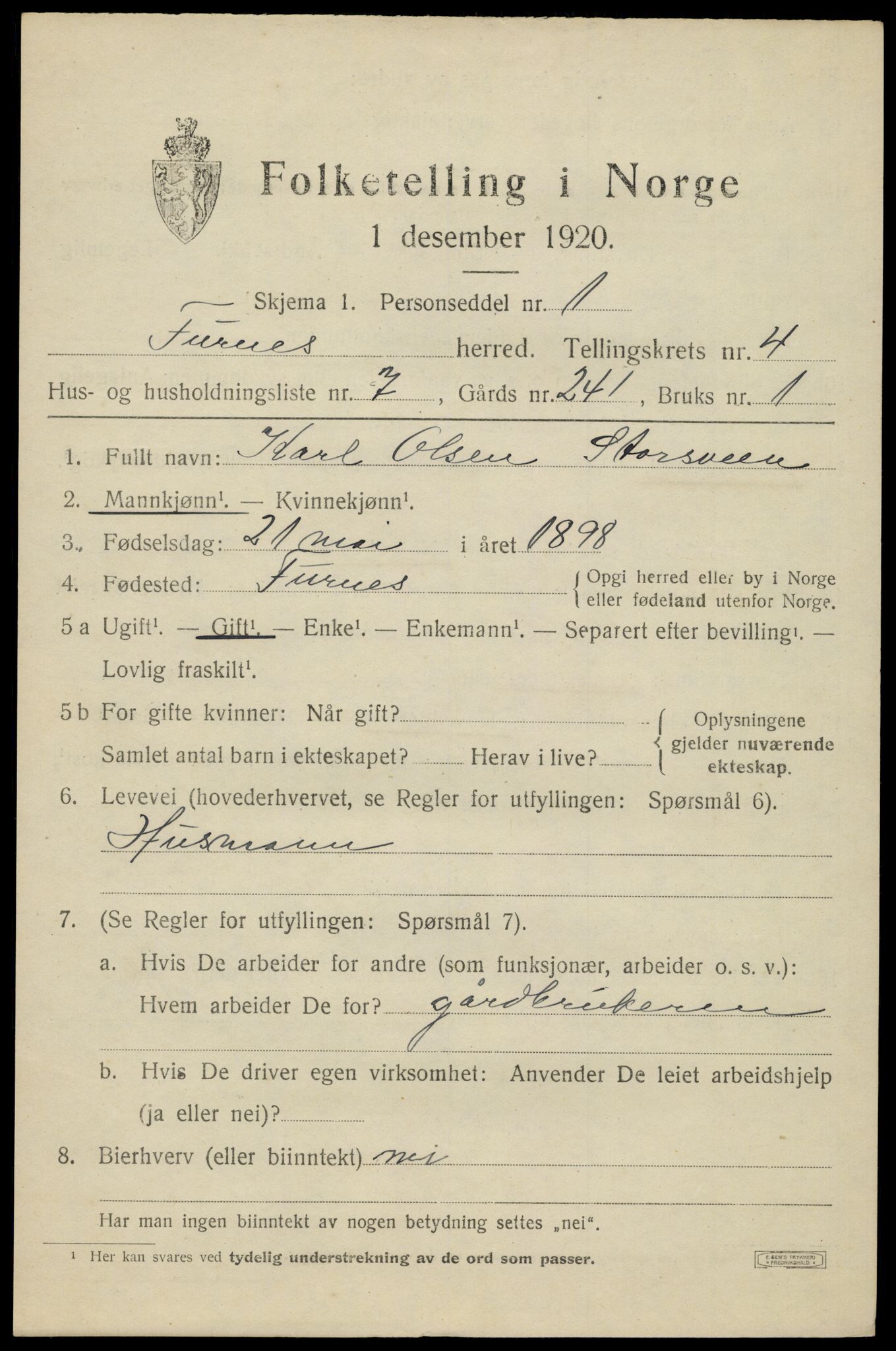 SAH, 1920 census for Furnes, 1920, p. 6079