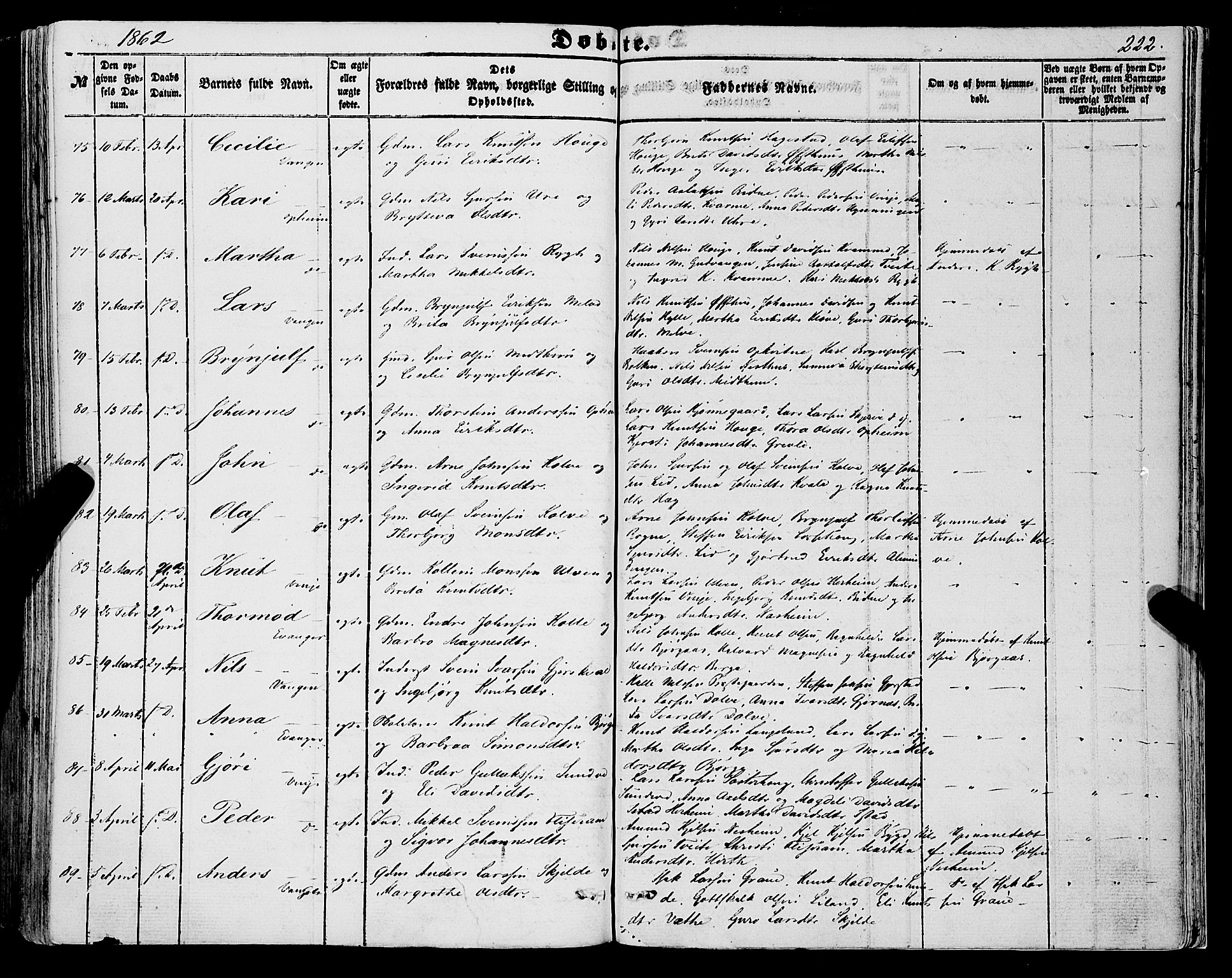 Voss sokneprestembete, AV/SAB-A-79001/H/Haa: Parish register (official) no. A 16, 1849-1863, p. 222