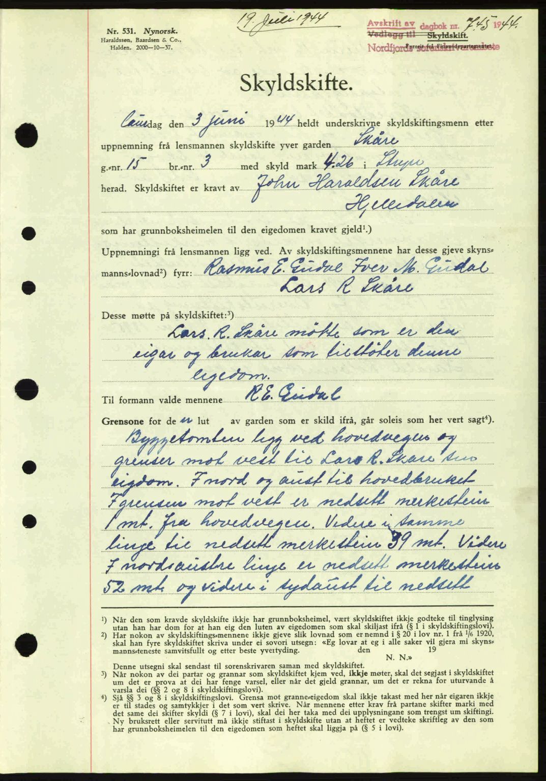 Nordfjord sorenskriveri, AV/SAB-A-2801/02/02b/02bj/L0009a: Mortgage book no. A9 I, 1944-1944, Diary no: : 745/1944