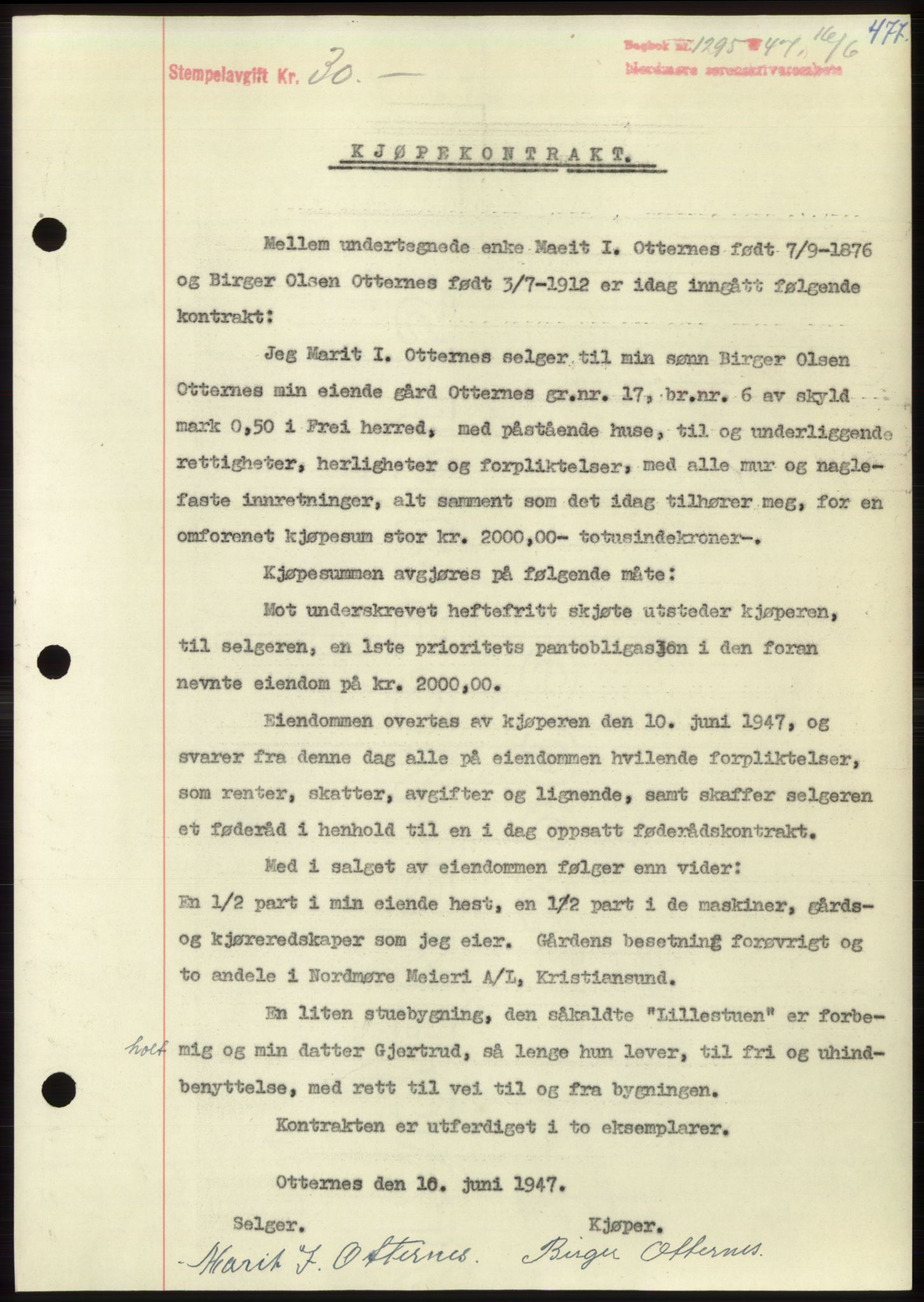 Nordmøre sorenskriveri, AV/SAT-A-4132/1/2/2Ca: Mortgage book no. B96, 1947-1947, Diary no: : 1295/1947