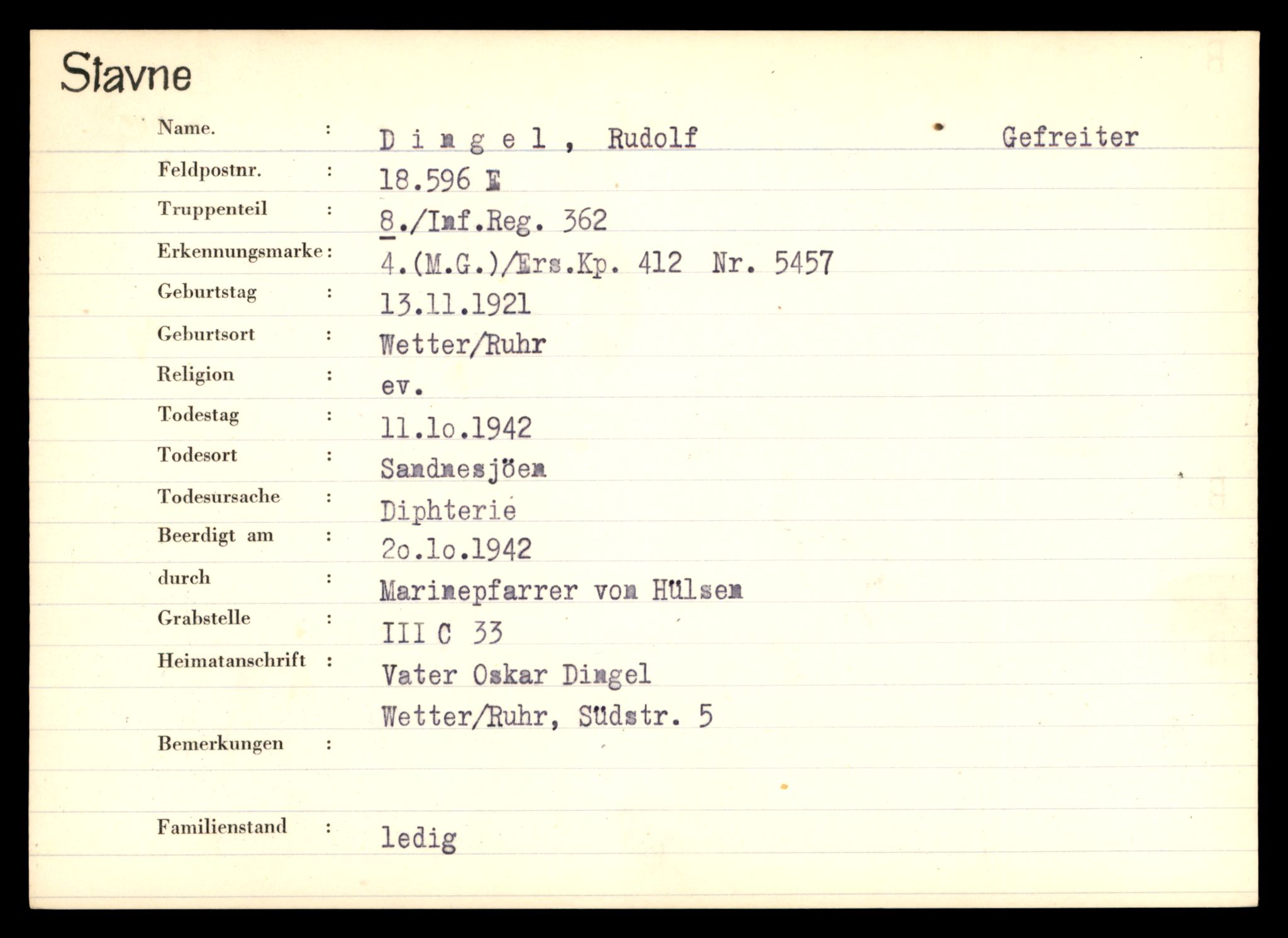 Distriktskontoret for krigsgraver, SAT/A-5030/E/L0003: Kasett/kartotek over tysk Krigskirkegård Stavne, 1945, p. 219