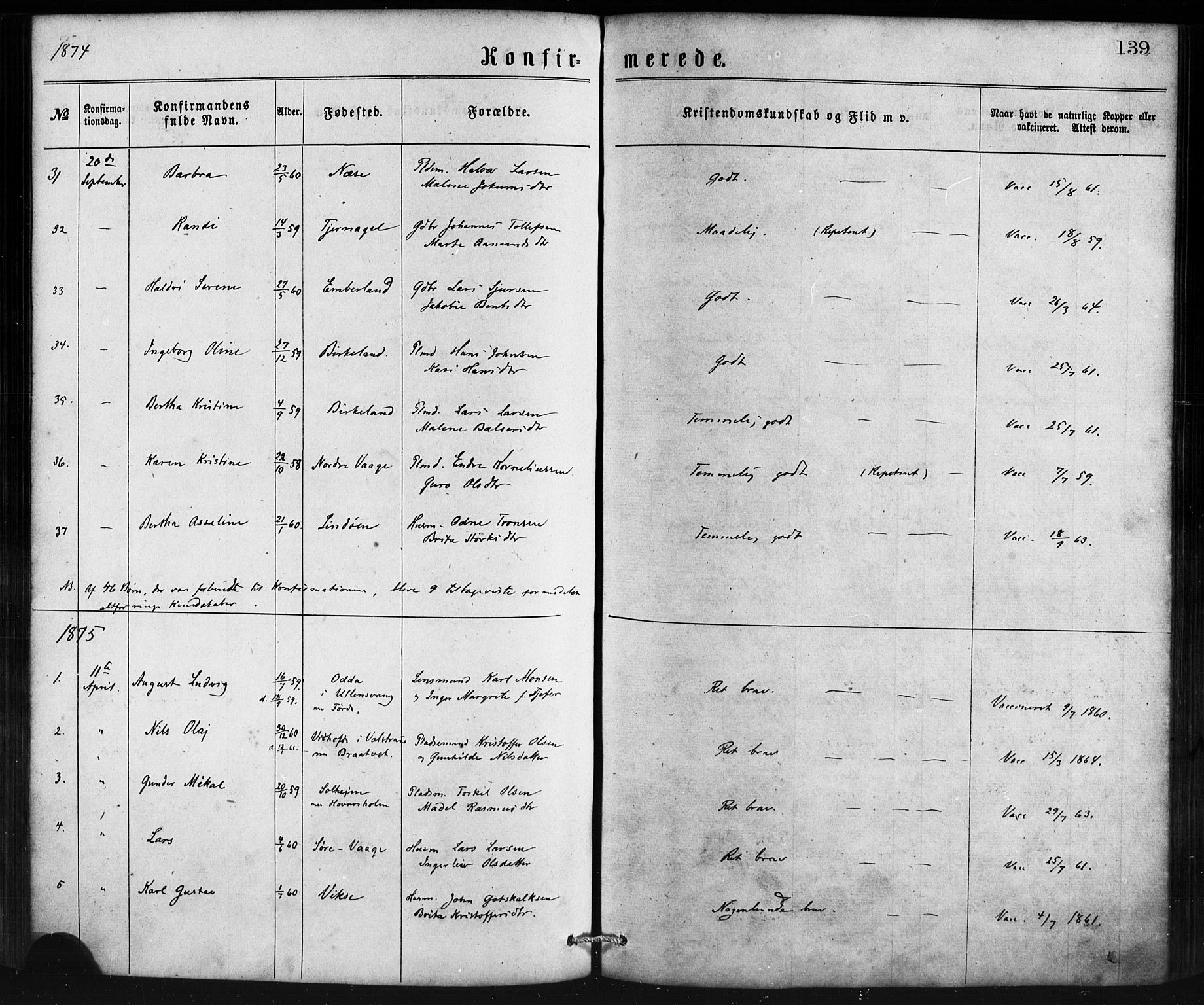Sveio Sokneprestembete, SAB/A-78501/H/Haa: Parish register (official) no. B 1, 1870-1883, p. 139