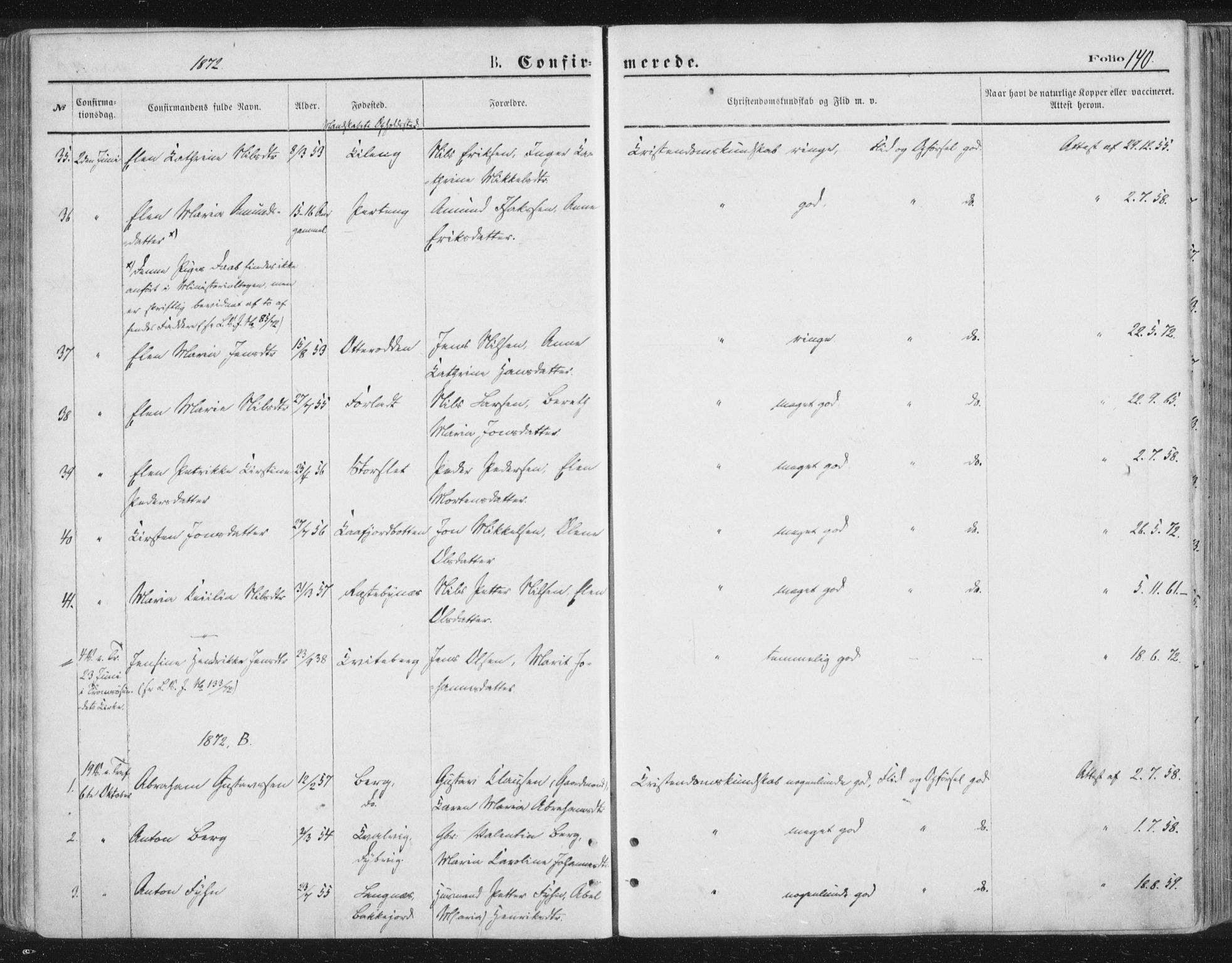 Lyngen sokneprestembete, AV/SATØ-S-1289/H/He/Hea/L0006kirke: Parish register (official) no. 6, 1870-1878, p. 140