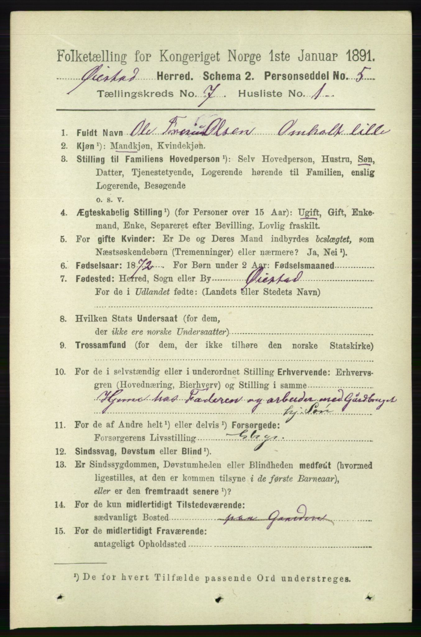 RA, 1891 census for 0920 Øyestad, 1891, p. 2659