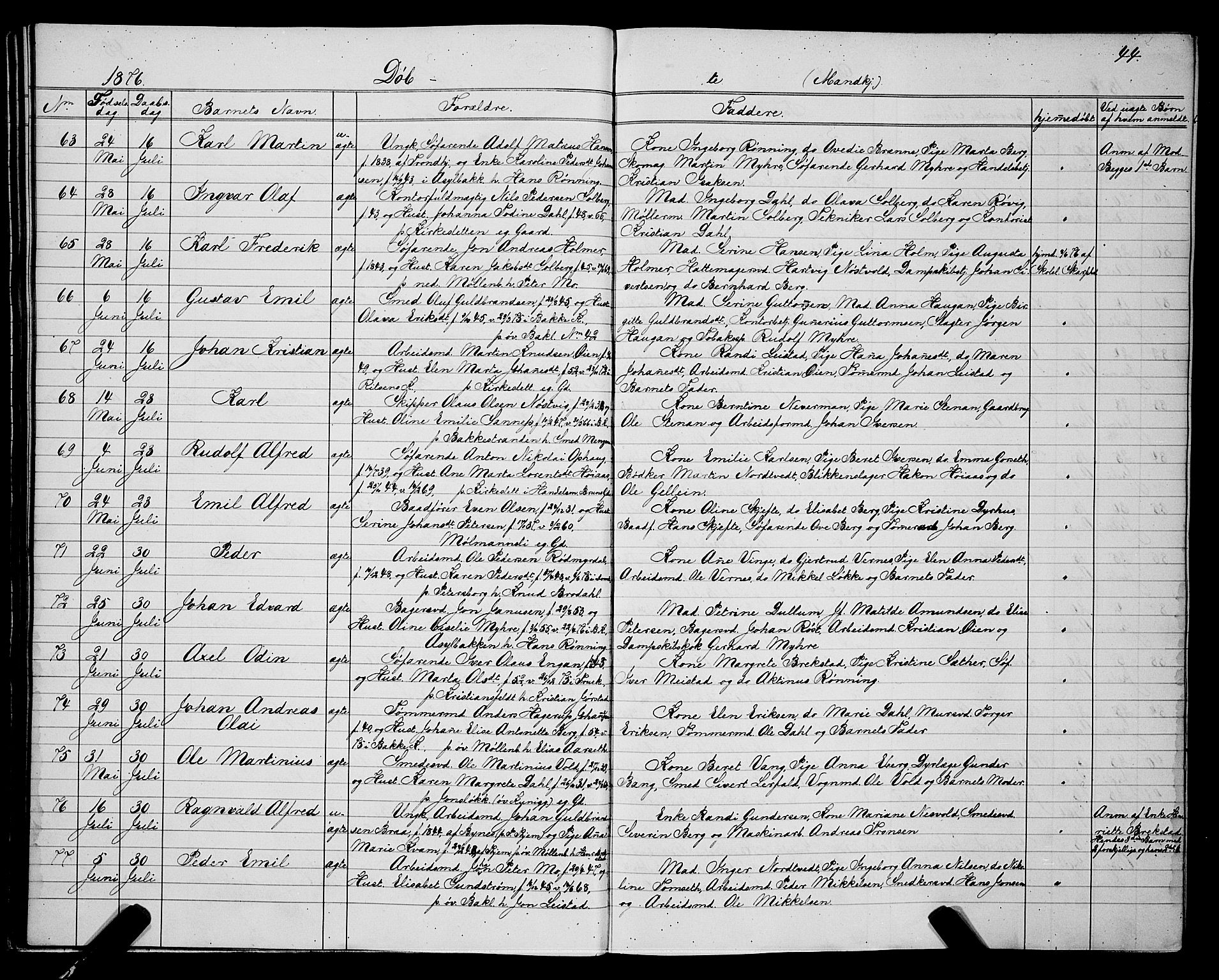 Ministerialprotokoller, klokkerbøker og fødselsregistre - Sør-Trøndelag, AV/SAT-A-1456/604/L0220: Parish register (copy) no. 604C03, 1870-1885, p. 44