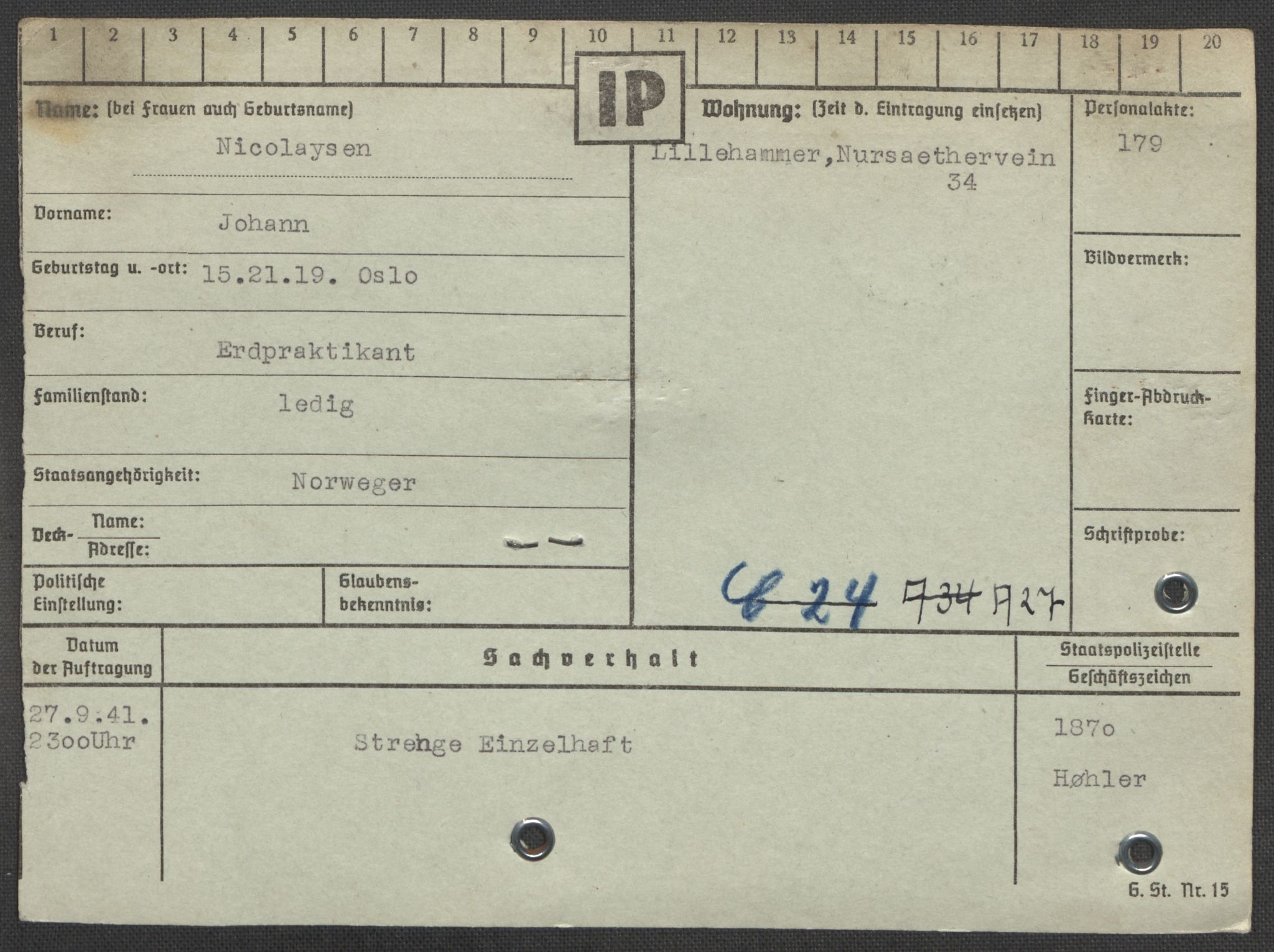 Befehlshaber der Sicherheitspolizei und des SD, AV/RA-RAFA-5969/E/Ea/Eaa/L0007: Register over norske fanger i Møllergata 19: Lundb-N, 1940-1945, p. 1050